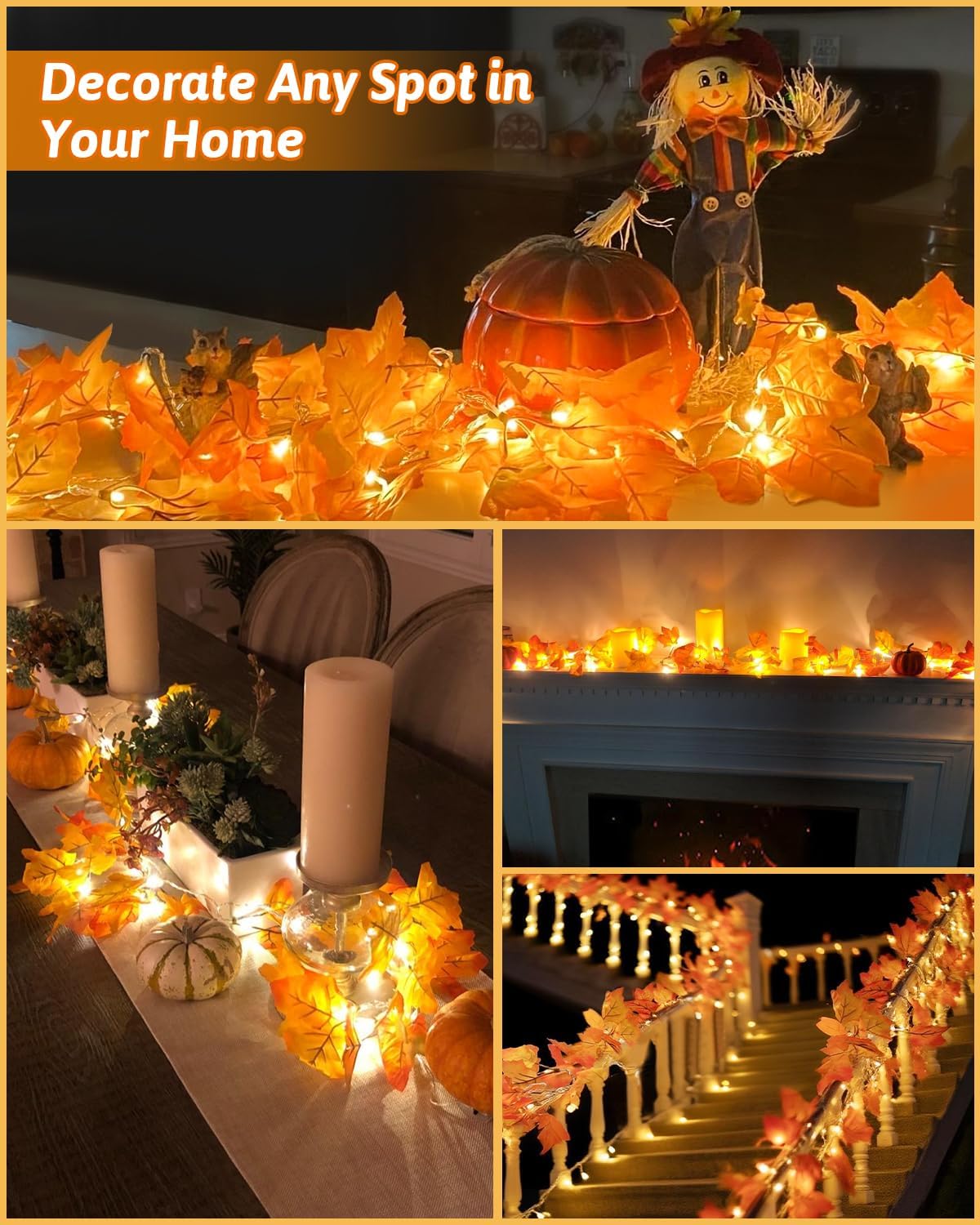 2Pack [8 Lighting Modes &#x26; Timer] Fall Decor Maple Leaf Garland