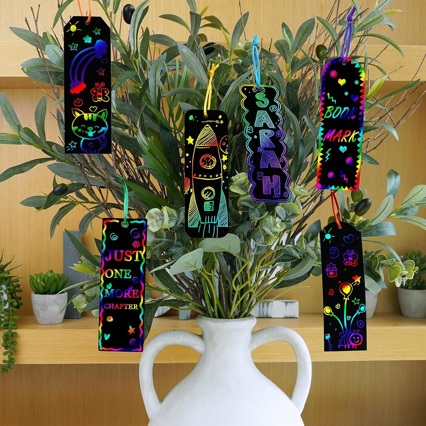 48-Set Rainbow Scratch Art Bookmark Kit – DIY Craft Set with 6 Designs, Scratch Tools, Ribbons & Gift Bags – Party Favors, Classroom Activities, Arts & Crafts for Kids and Students (Black,Clear)