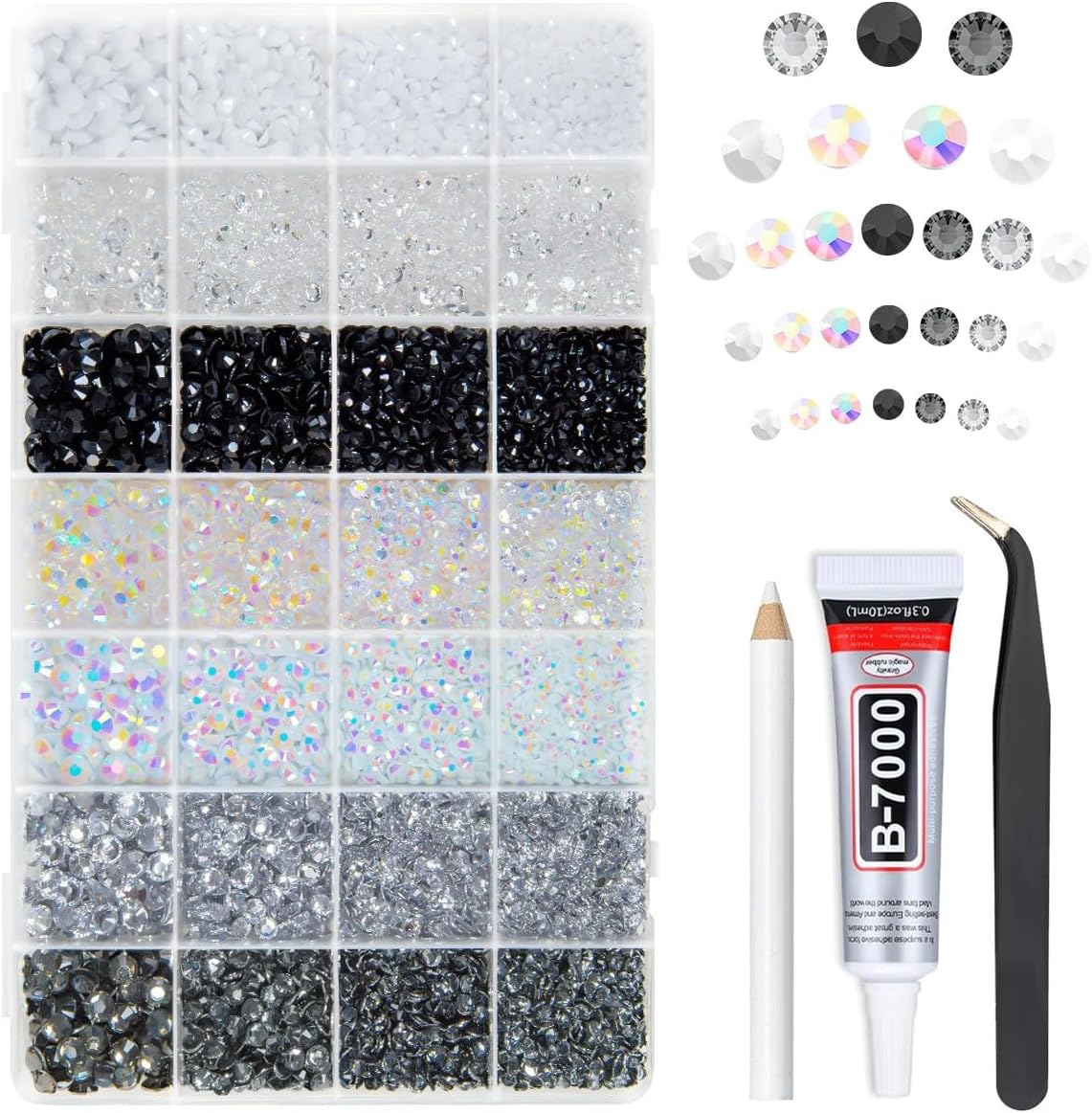 28 Types Black White Transparent Flatback Resin Rhinestones with Glue - 3-6mm (Neutral Series)