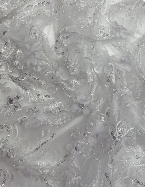 1 Yard 3D Chiffon Flower Pearls Beaded Lace Fabric With Pearls And Sequins 54 Inch Width