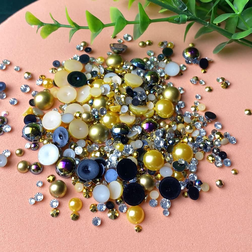 50g Mixed Size Flatback Resin Rhinestones & Half Pearls – 3mm-10mm AB Color for DIY Crafts, Nail Art, Shoes, Clothing, Tumblers, and Scrapbooking (Gold Series)