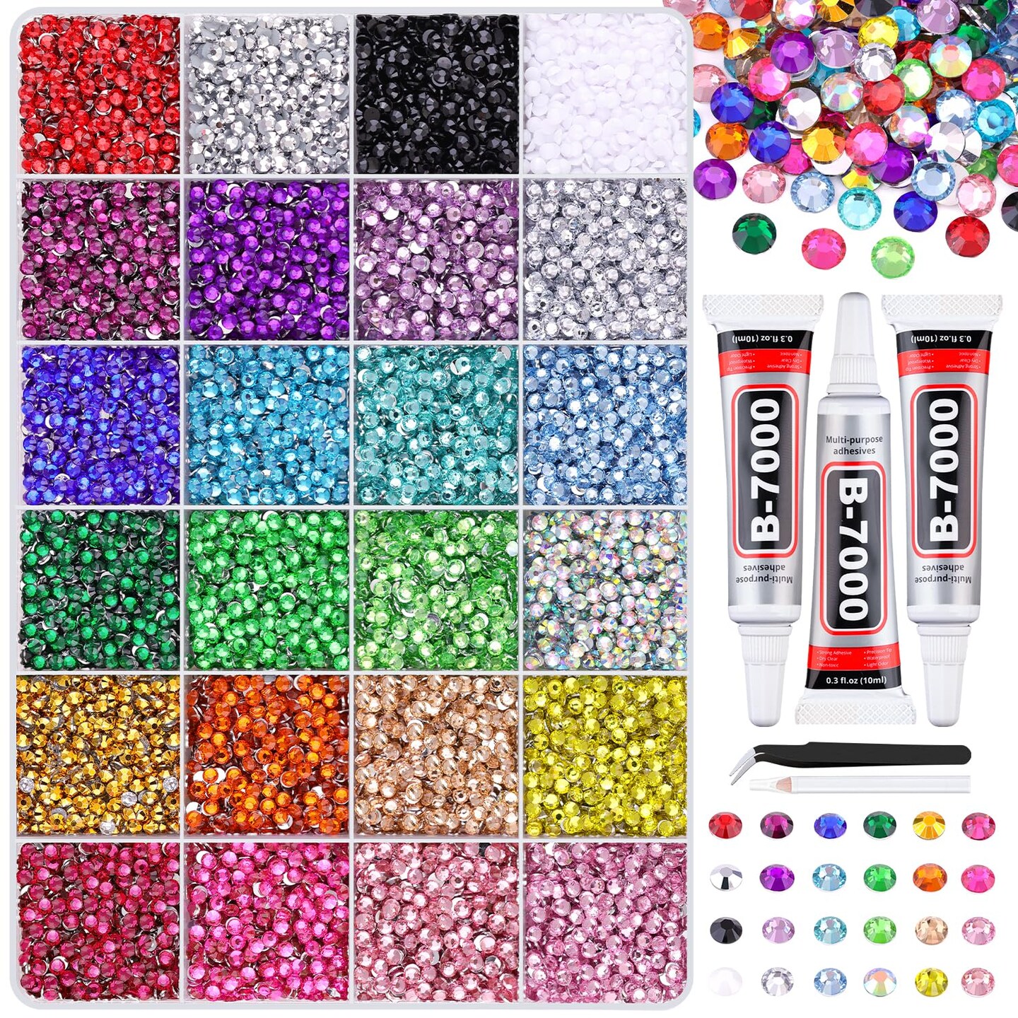 24000Pcs 3mm Resin Rhinestones with 3Pcs 10ml B7000 Jewelry Glue - Multicolored