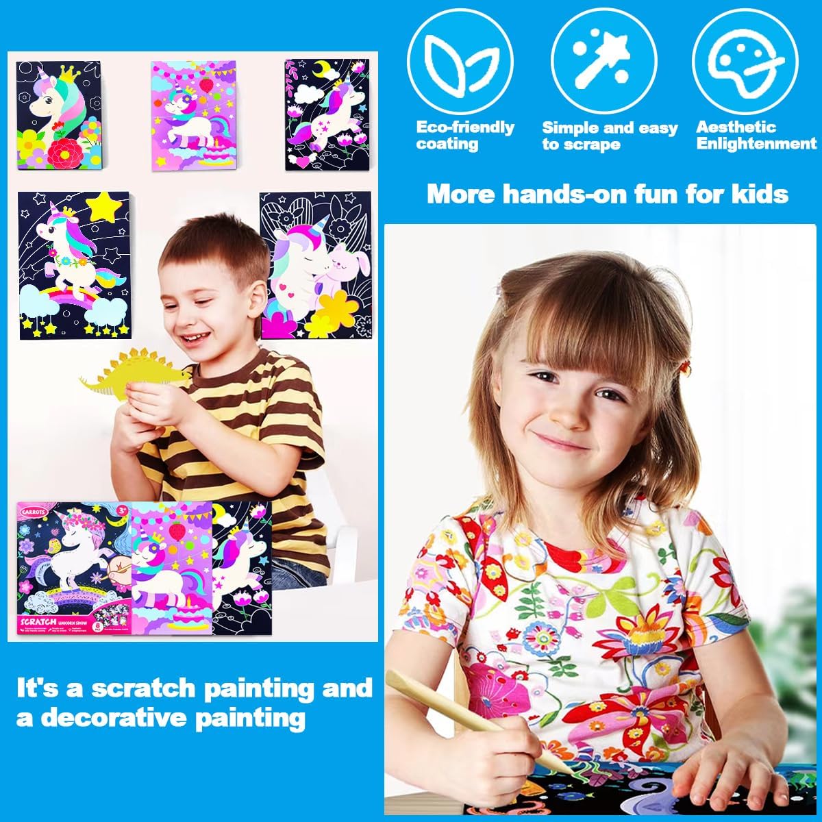 Unicorn Rainbow Scratch Art Kit for Kids – Magical Black Scratch Paper Set with Wooden Stylus, Fun DIY Crafts for Girls & Boys Ages 3–8 (Unicorn)
