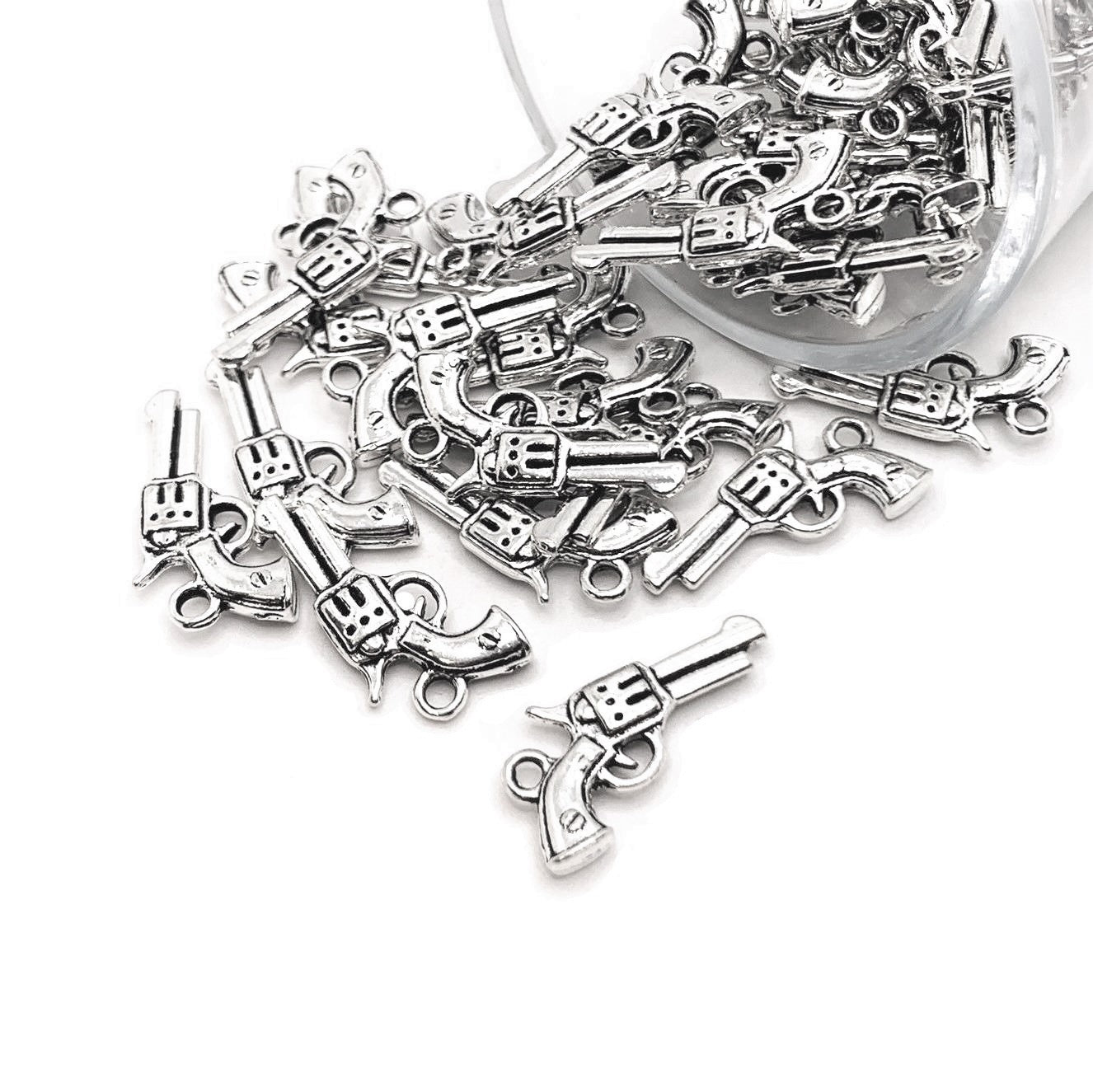 Silver Six Shooter Revolver Gun Charms, 21x11mm