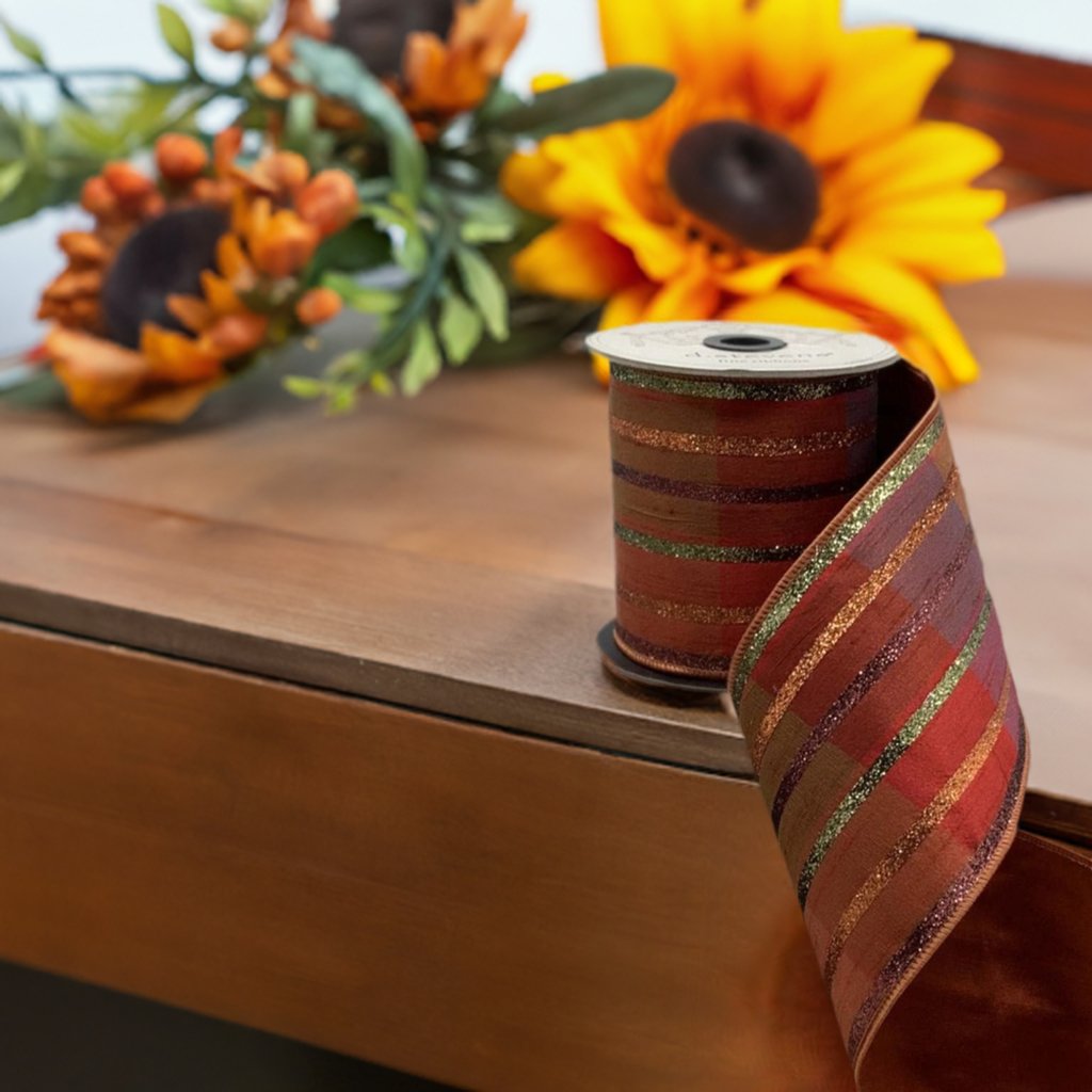 4&#x22; Plaid Glitter Stripe Ribbon: Autumn Orange (5 Yards)