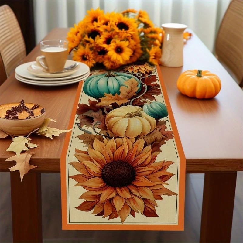 Fall Pumpkin & Sunflower Halloween Table Runner 13x36 Inch – Seasonal Autumn Dining & Kitchen Decor for Holiday Parties (Orange, Brown)