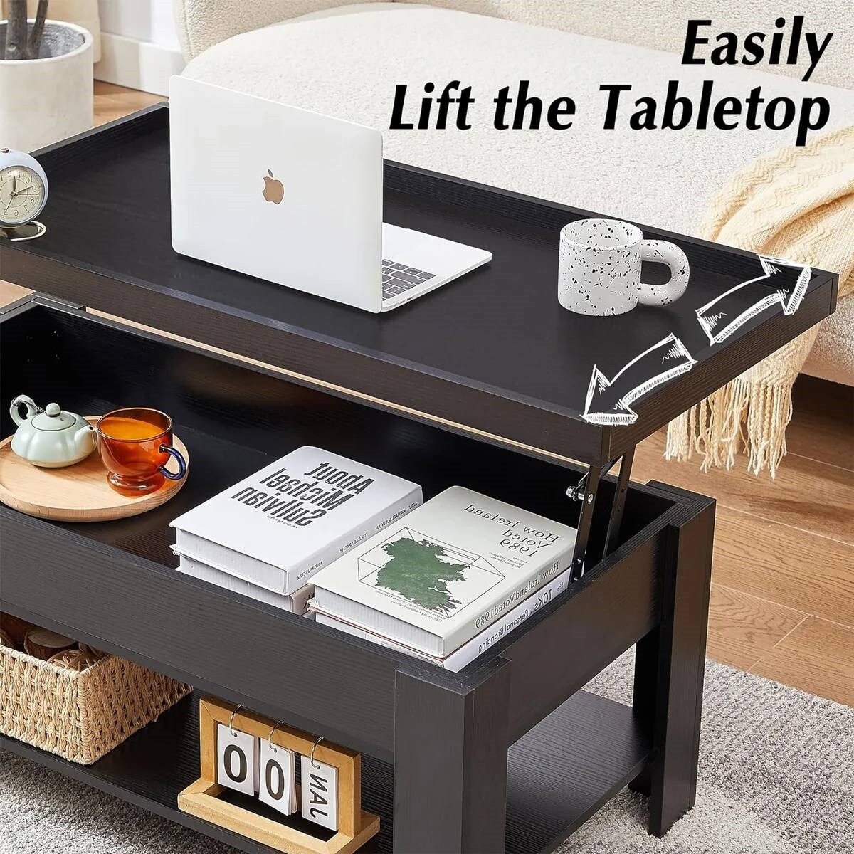 Modern Adjustable Lift Top Coffee Table with Hidden Storage Shelf for Living Room and Office