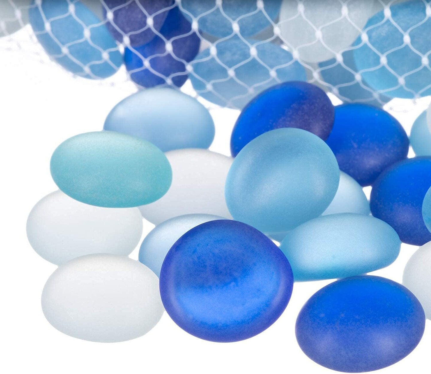 Flat Marbles Vase Filler - 0.68 Lb (70 pcs) Aqua White & Cobalt Glass Pebbles Vases - Clear Glass Stones for Vases - Flat Glass Marble for craft and Home décor - Aquarium Glass Marble filler