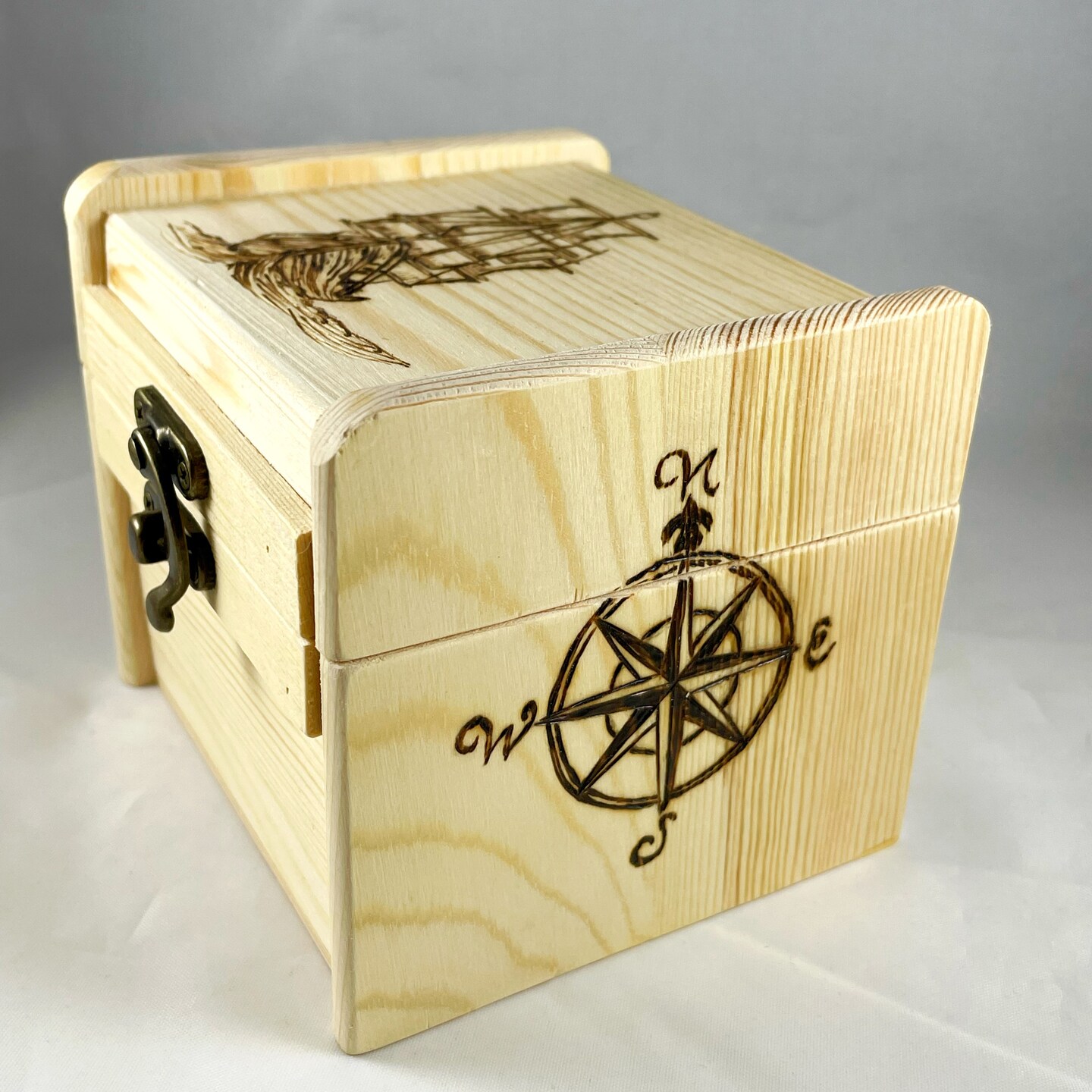 Ship Sailing the Ocean Trinket Box, Pyrography Wood Burning Art