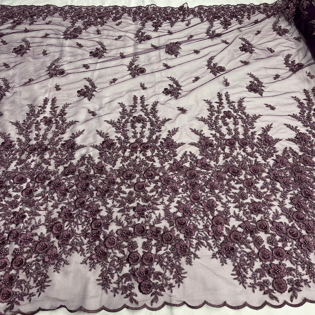 1 Yard Beaded 3D Floral Lace Fabric Embroidered on 100% Polyester Net Mesh, Plum, 54" Width, Elegant Fabric for Dresses & Crafts