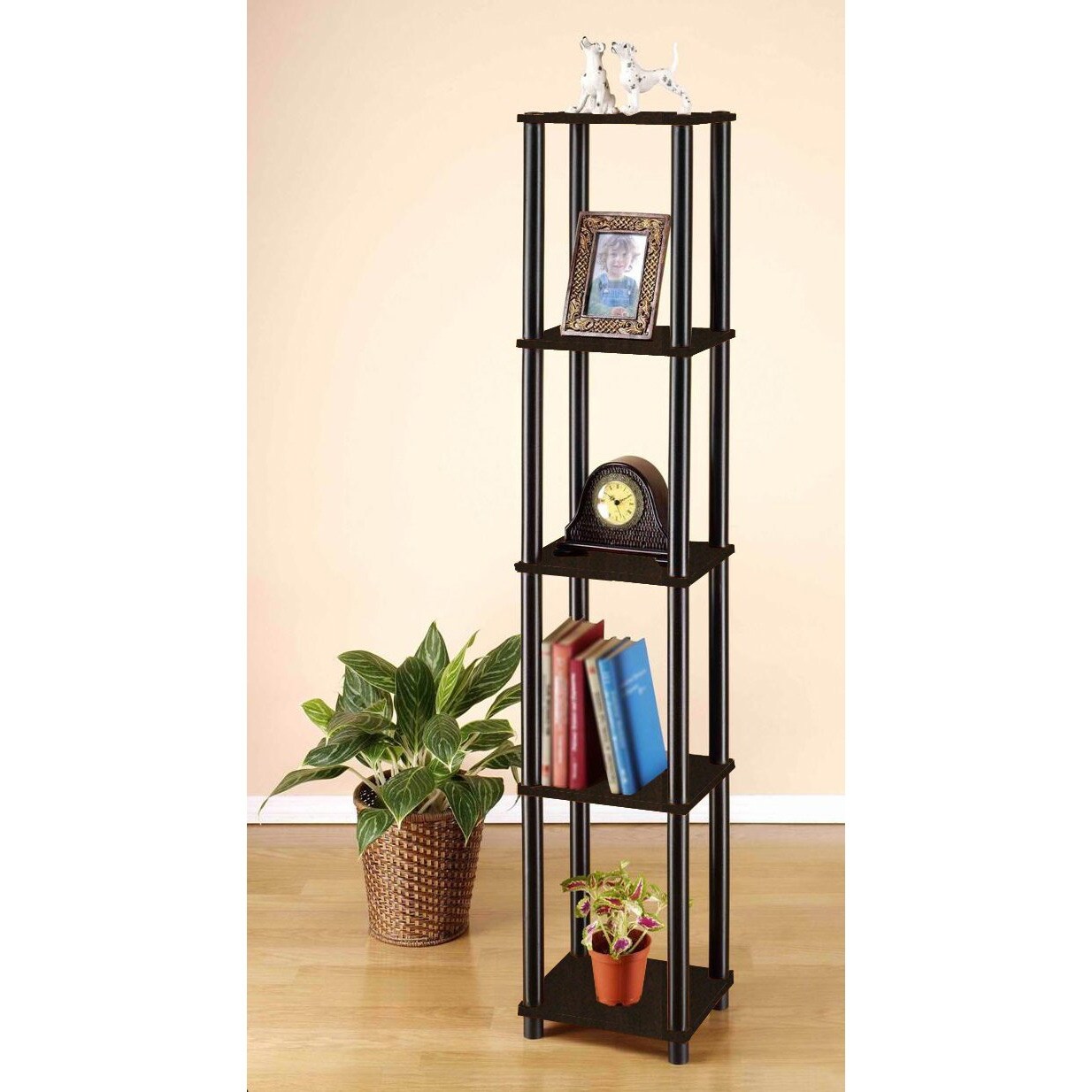 Space-Saving Espresso Black 5-Tier Corner Display Shelf Bookcase for Bathroom and Kitchen Use
