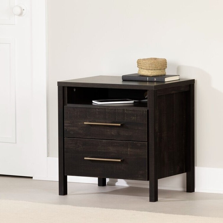 Modern Engineered Wood 2 Drawer Nightstand Bedside Table with Open Cubby and Storage Shelf