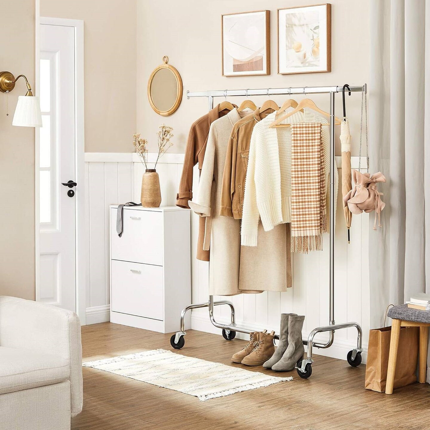 Heavy Duty Adjustable Chrome Plated Iron Clothes Garment Rack with Swivel Wheels