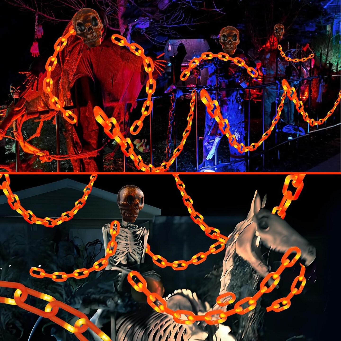 Battery-Powered Plastic Skull Chain Lights – 5FT, 45 LED Orange Halloween String Lights with 8 Modes (Orange)