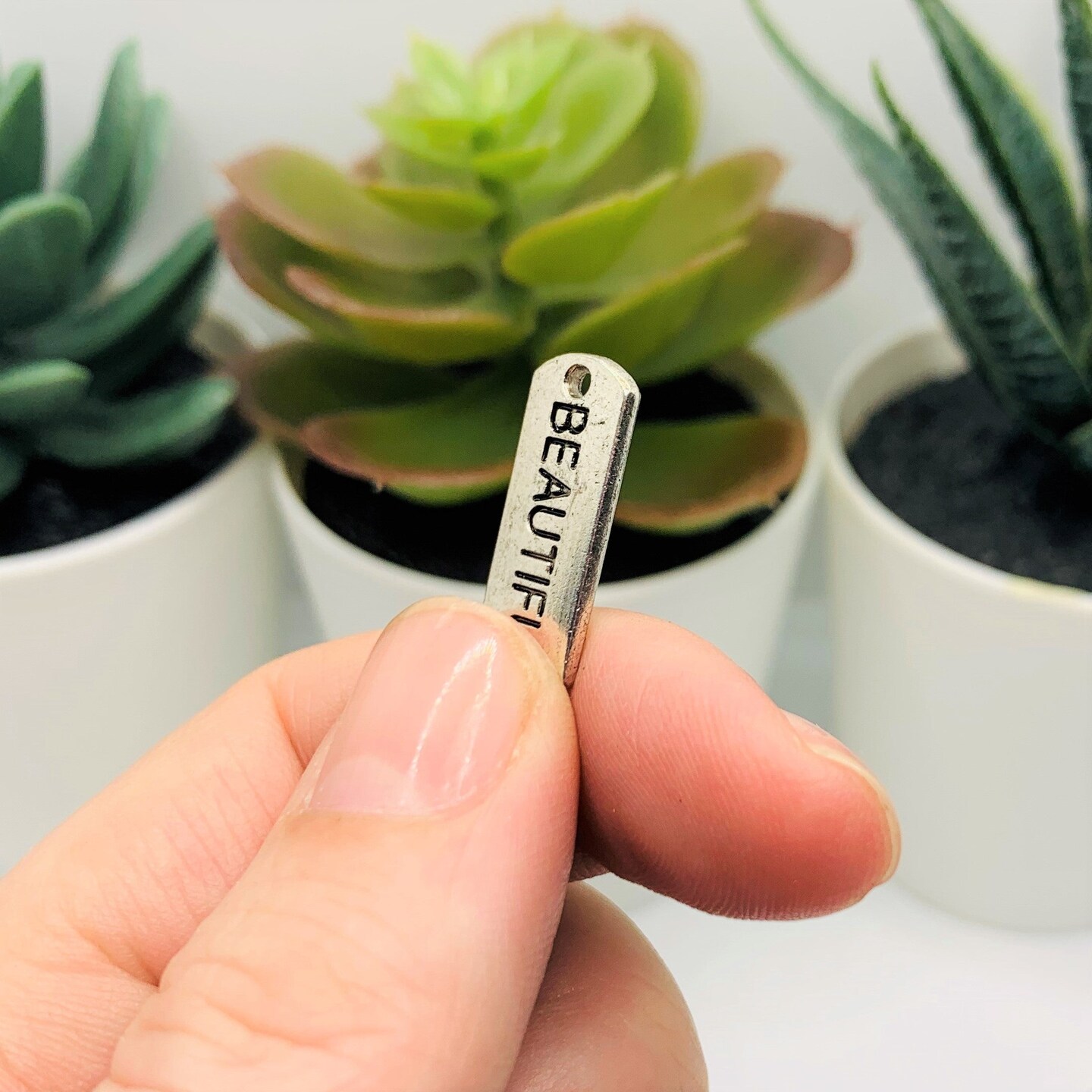 Silver Beautiful Word Bar Tag Charms, 8x21mm