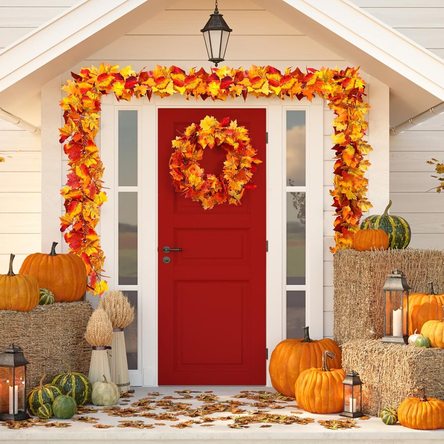 23.6ft Lighted Fall Garland with 80 LED Maple Leaves – Autumn Decorations for Home, Halloween & Thanksgiving. Perfect for Outdoor Harvest Decor.