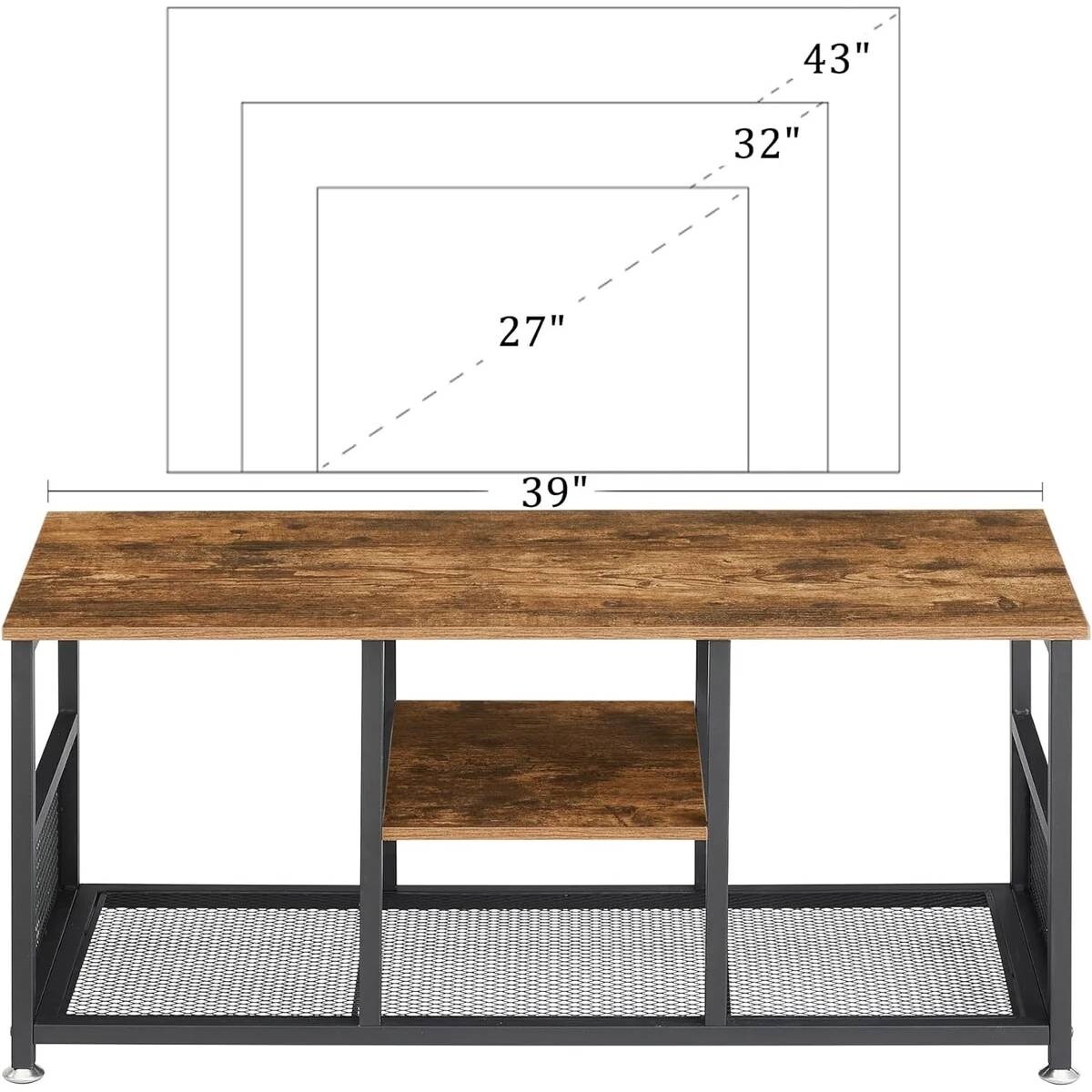 Engineered Wood TV Stand with Black Metal Frame, Mesh Shelves and Adjustable Feet