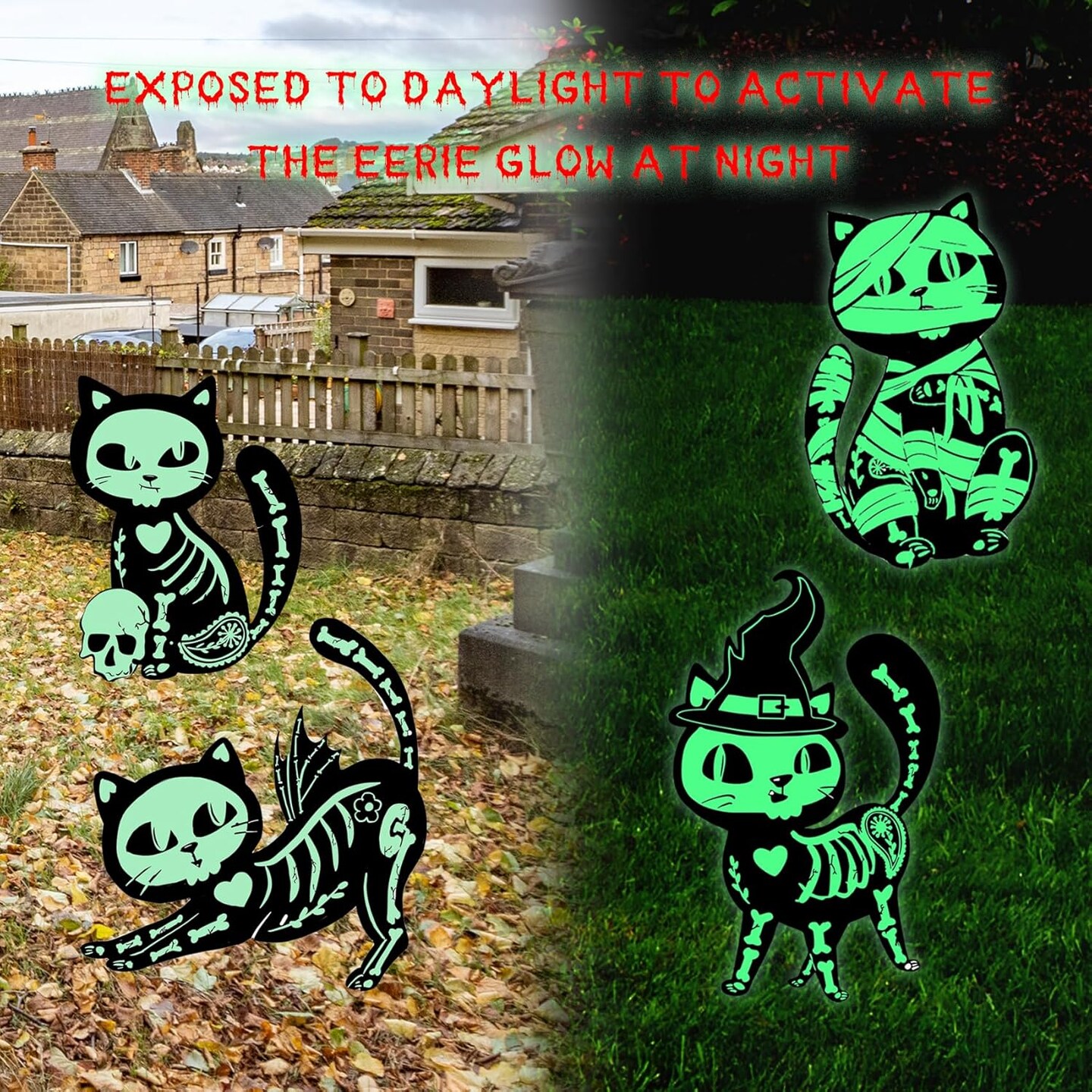 8PCS Halloween Decorations Outdoor, 4pcs Glow in the Dark Black Cat 4pcs Graveyard Tombstones Signs