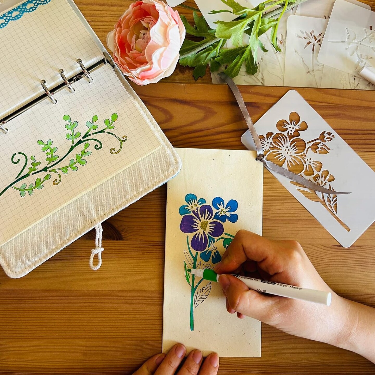 Flower & Leaf Stencils for Painting – 18PCS 6×3 Inch Reusable Plastic Botanical Stencils for Crafts, Wood, Wall, Canvas, Card Making & Home Décor