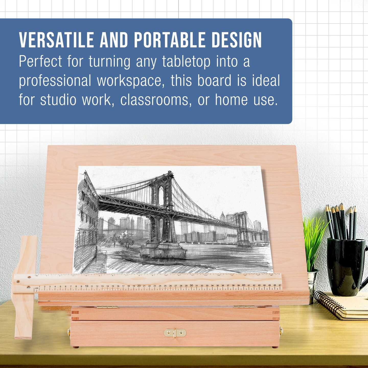 Large 20-1/2&#x22; x 16&#x22; Adjustable Wood Art Drawing Board - 5 Angles, Beechwood Construction, Pencil Ledge, T-Square, Locking Storage Drawer - Ideal for Design, Drafting &#x26; Architecture