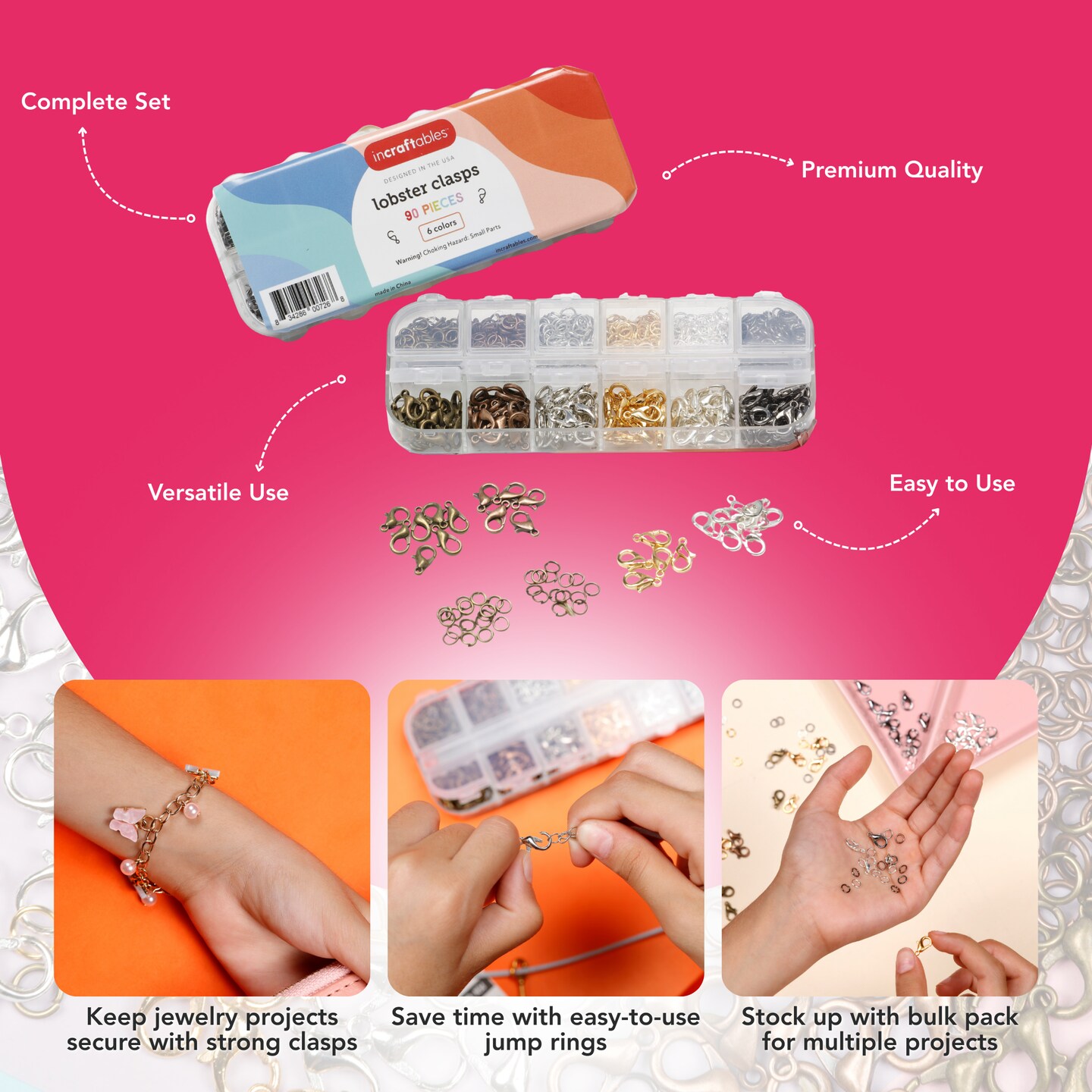 Incraftables Lobster Clasps for Jewelry Making (6 Colors) with Open Jump Rings. Small Necklace & Bracelet Lobster Claw Clasp Clips and Closures (12 mm) (Bronze, Copper, Silver, Gold, Platinum & Gray)