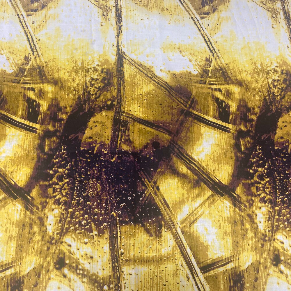 Yellow-Brown-Multi Abstract Art Printed Linen Woven Fabric By the Yard