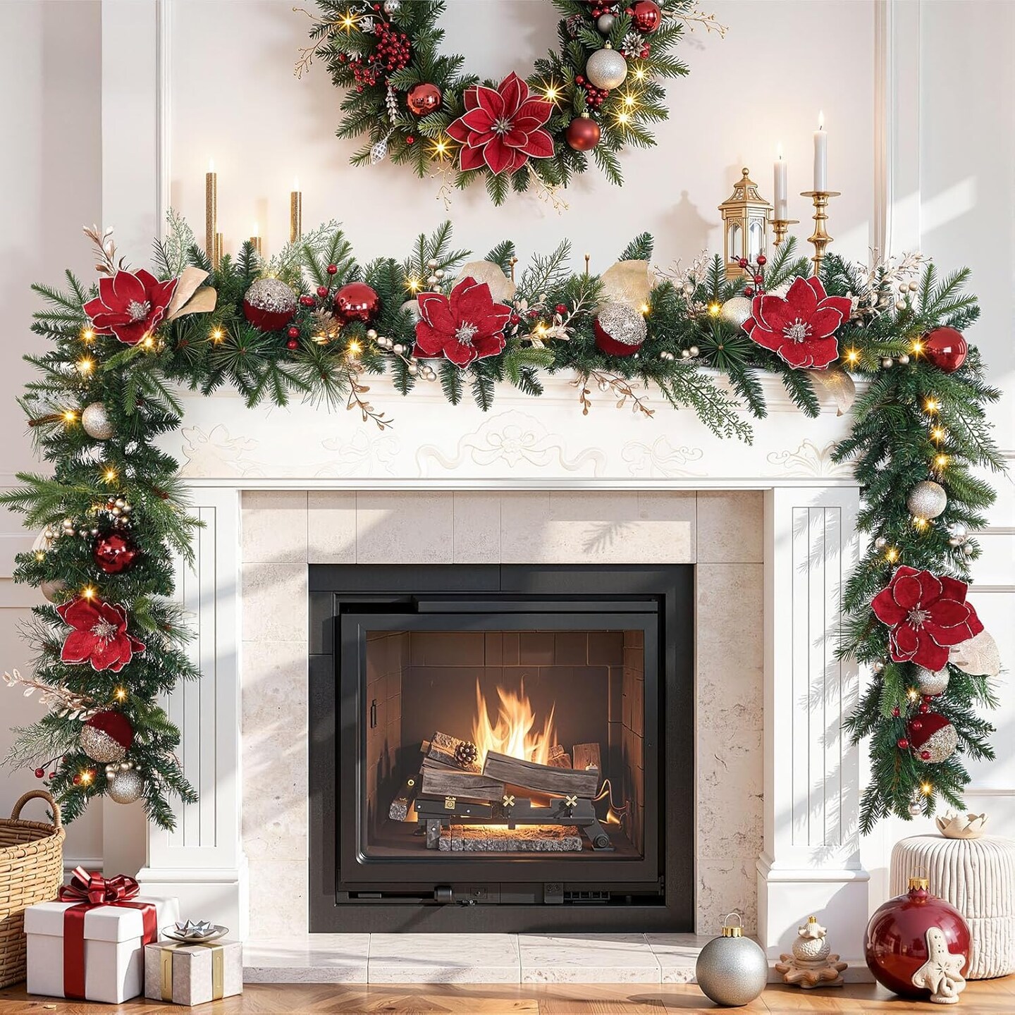 8.9FT Prelit Christmas Garland with Multi-Color LED Lights, Battery-Operated Timer,