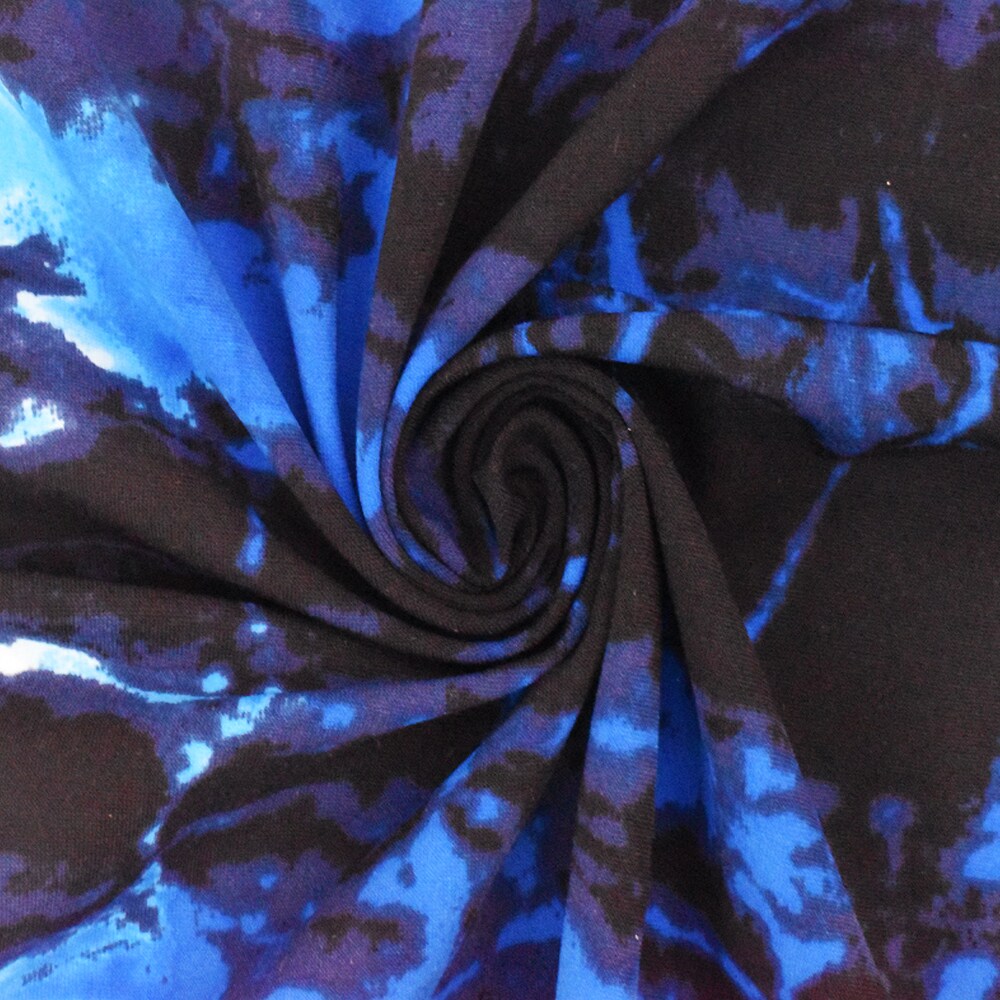 Turquoise-Navy Abstract Tie Dye Printed Swimwear Stretch Tricot Fabric By the Yard