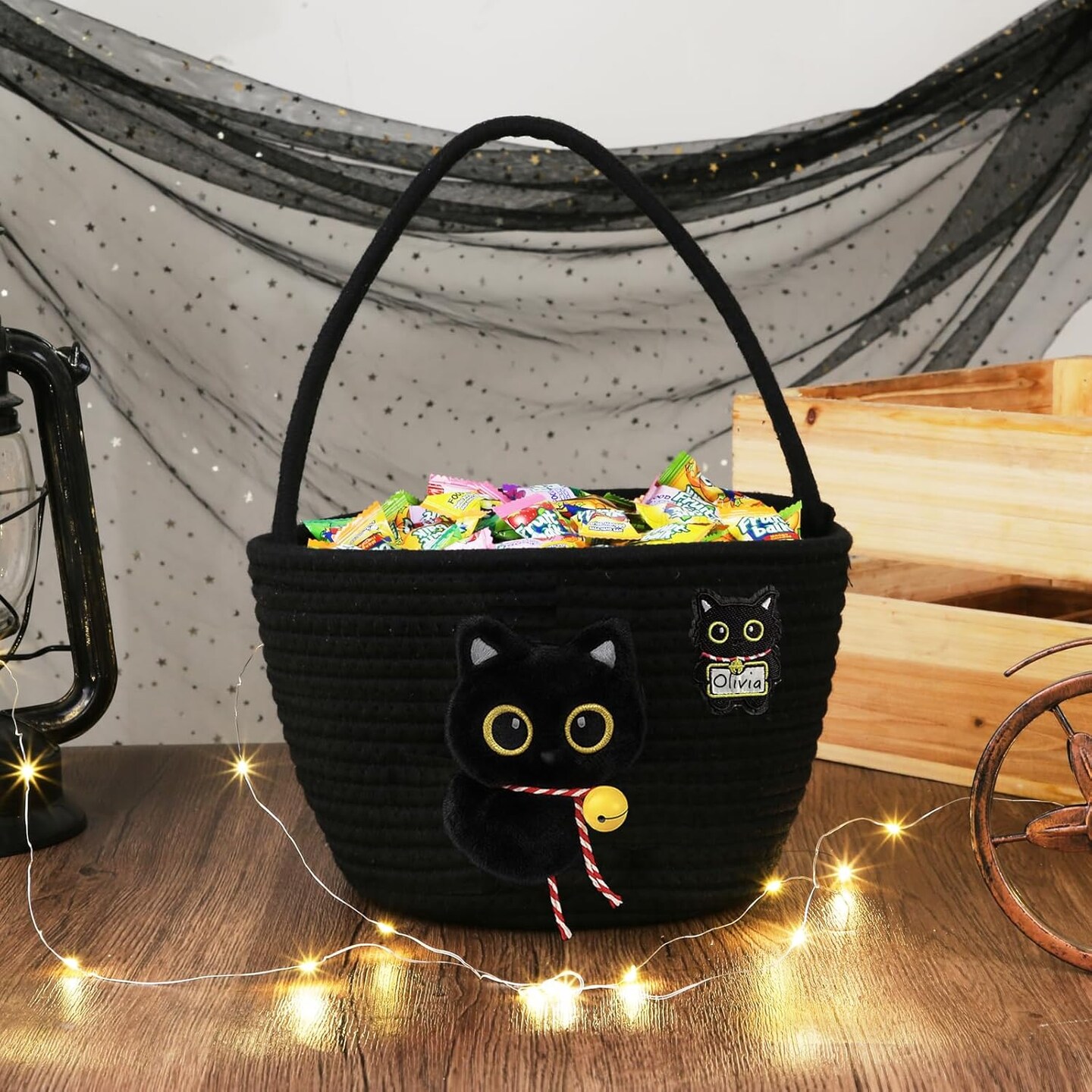 Trick or Treat Bag with Black Cat Bat Halloween Bucket (Black) - ‎8.7 x 8.7 x 6.3 inches