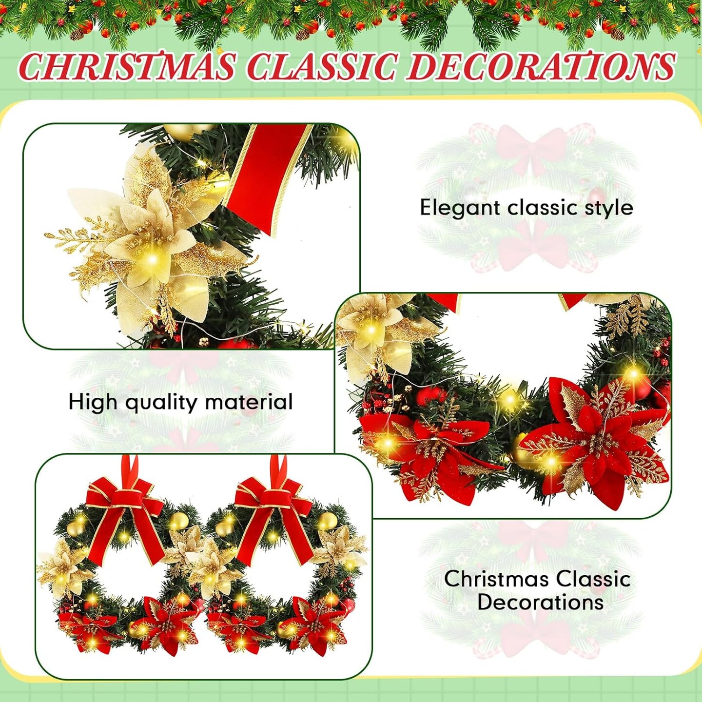 6 Pcs Lighted Christmas Wreath with Red Bow Ornament (Multicolored)
