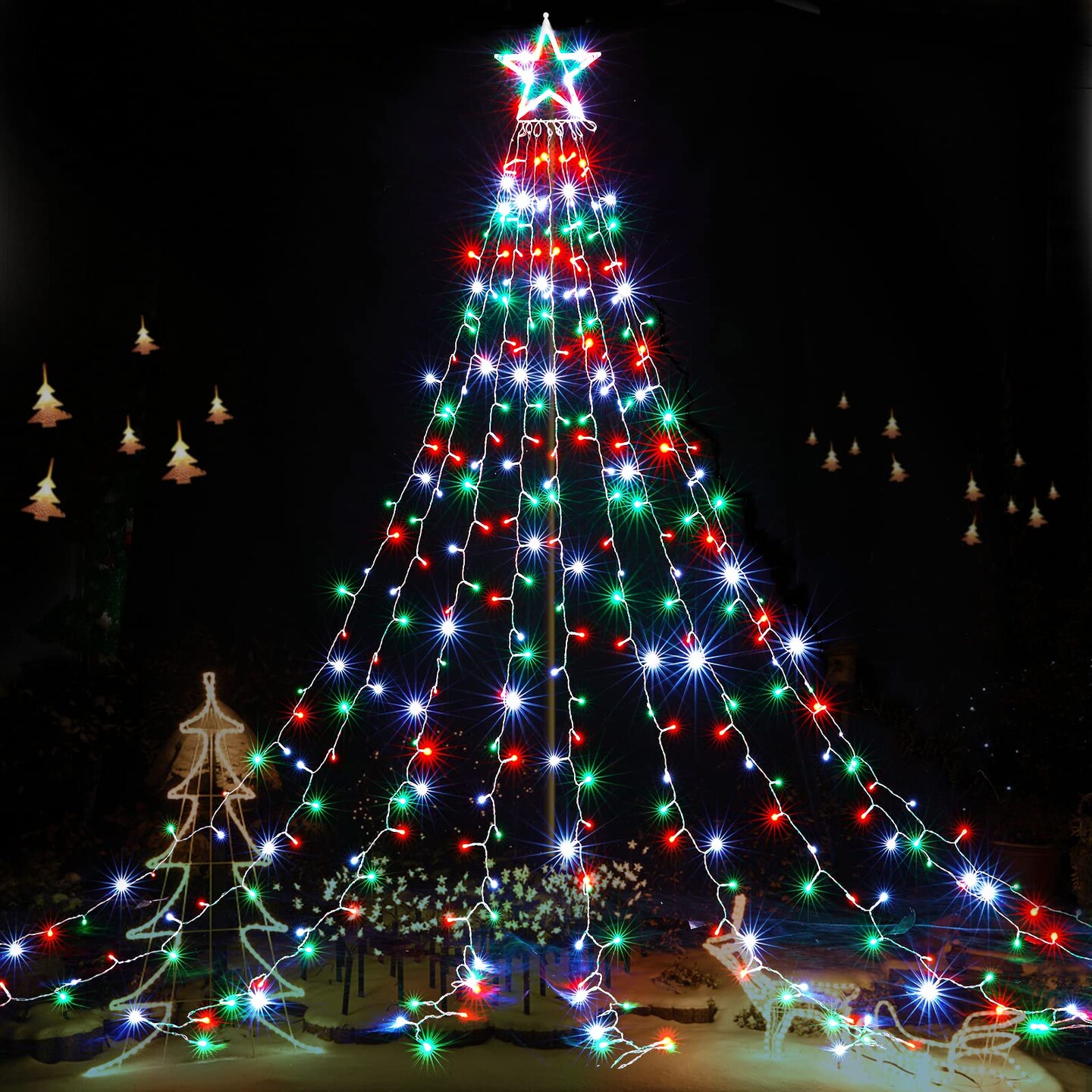 Outdoor Christmas Lights 344 LED Christmas Star Lights with 9 Strands 11.9ft Waterfall Tree Lights, 8 Modes, Waterproof & Timer for Garden Yard Patio Outdoor Xmas Decorations,Red Green White