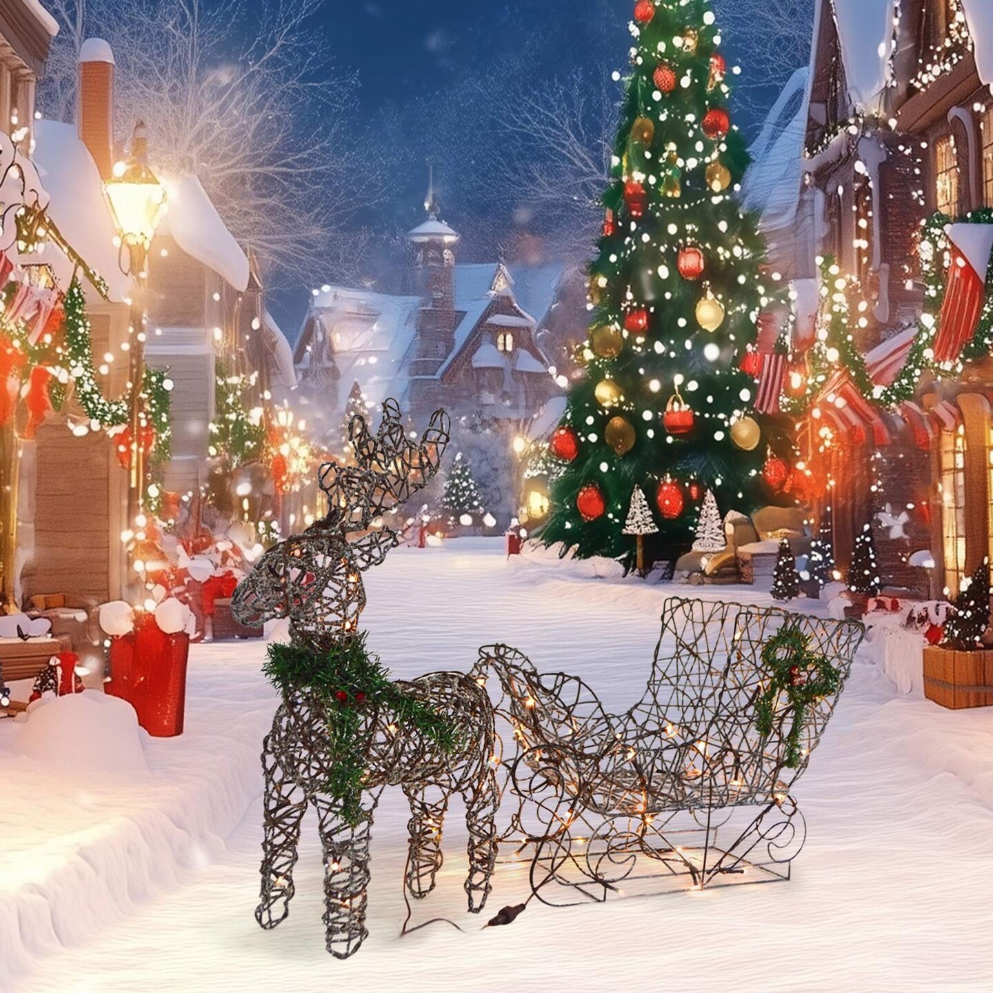 Christmas Reindeer and Sleigh LED Display Brown with Sparkling Warm White Lights 19.69 x 7.28 x 16.14 inch
