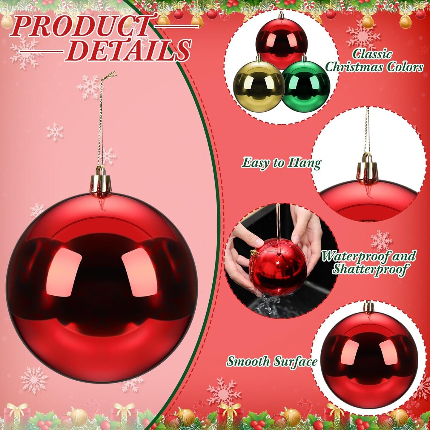 12 Pcs Christmas Ball Ornaments Large (Red,Green,Gold,Shiny)