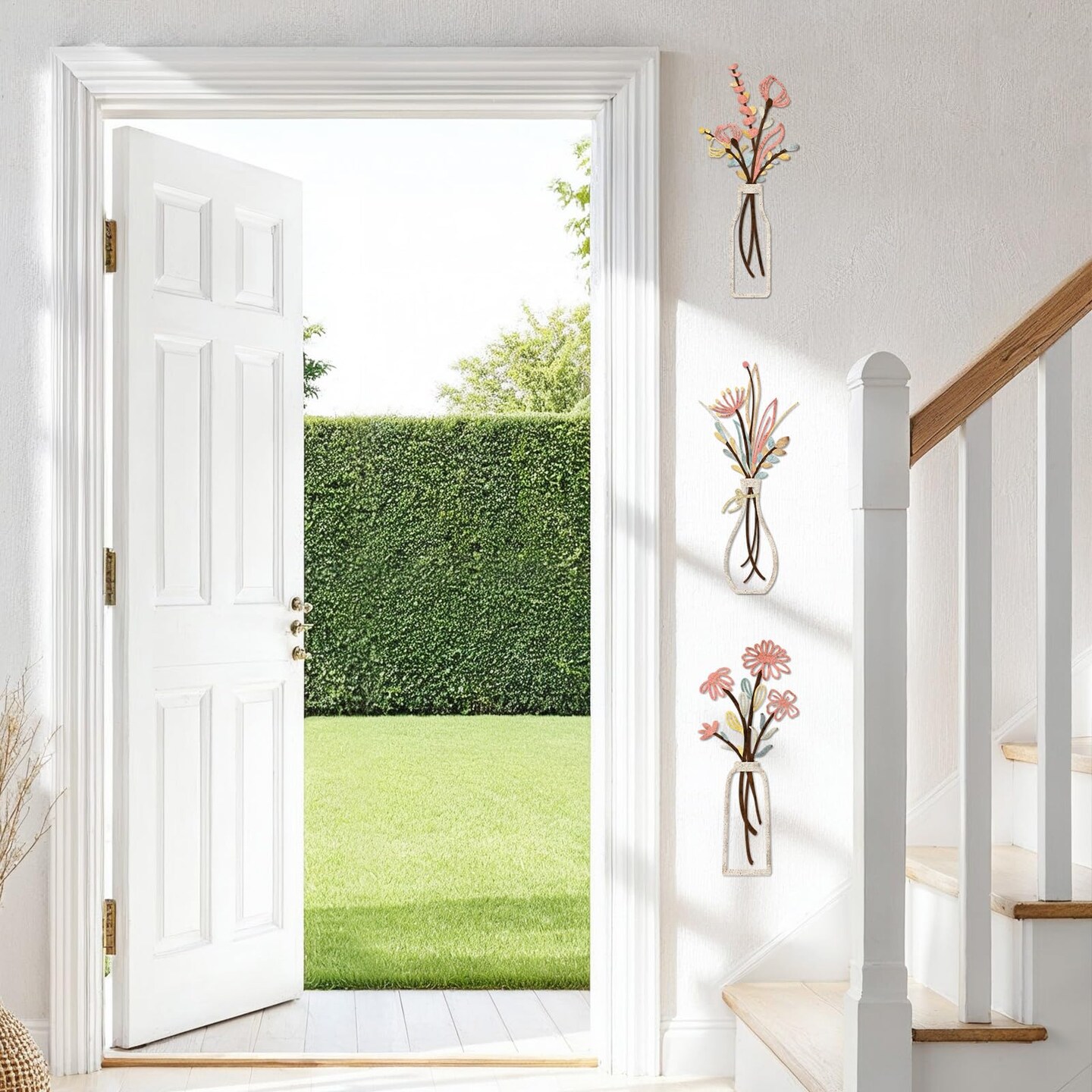 3 Pieces Metal Flowers Wall Arts - Rustic Farmhouse Style Décor Metal Wall Art Black Minimalist Flower Natural Themed Wall Decors for Home Bedroom Dining Room Housewarming (Pink Beige)