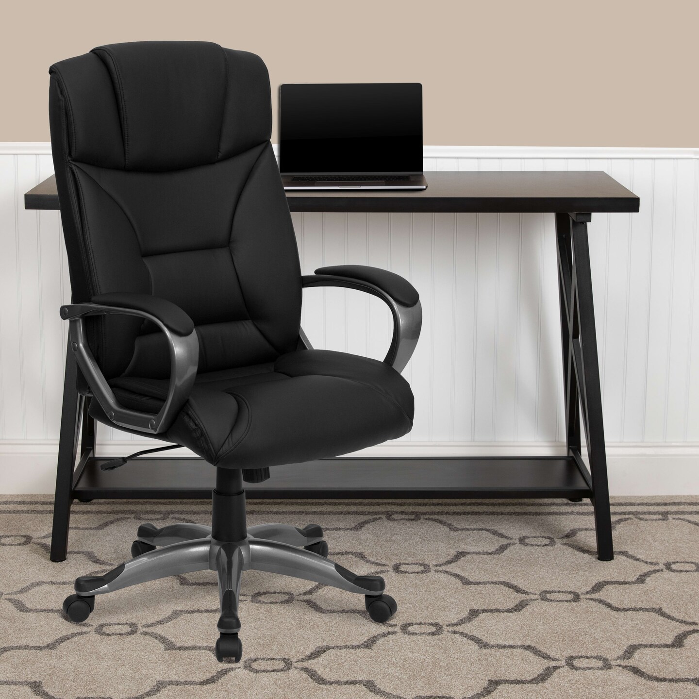 Emma and Oliver High Back Leather Executive Swivel Office Chair with Lip Edge Base and Arms