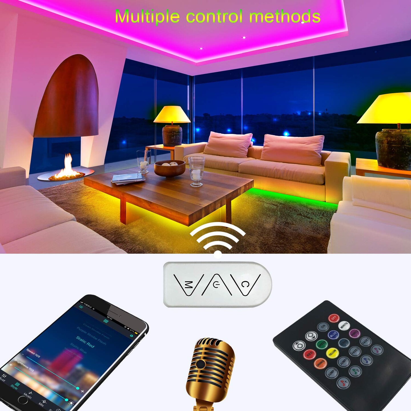 50ft/15M Led Strip Lights, Music Sync Color Changing RGB LED Strip Lights Built-in Mic, Bluetooth app Controlled Rope Lighting for Home Decoration Living Room Kitchen