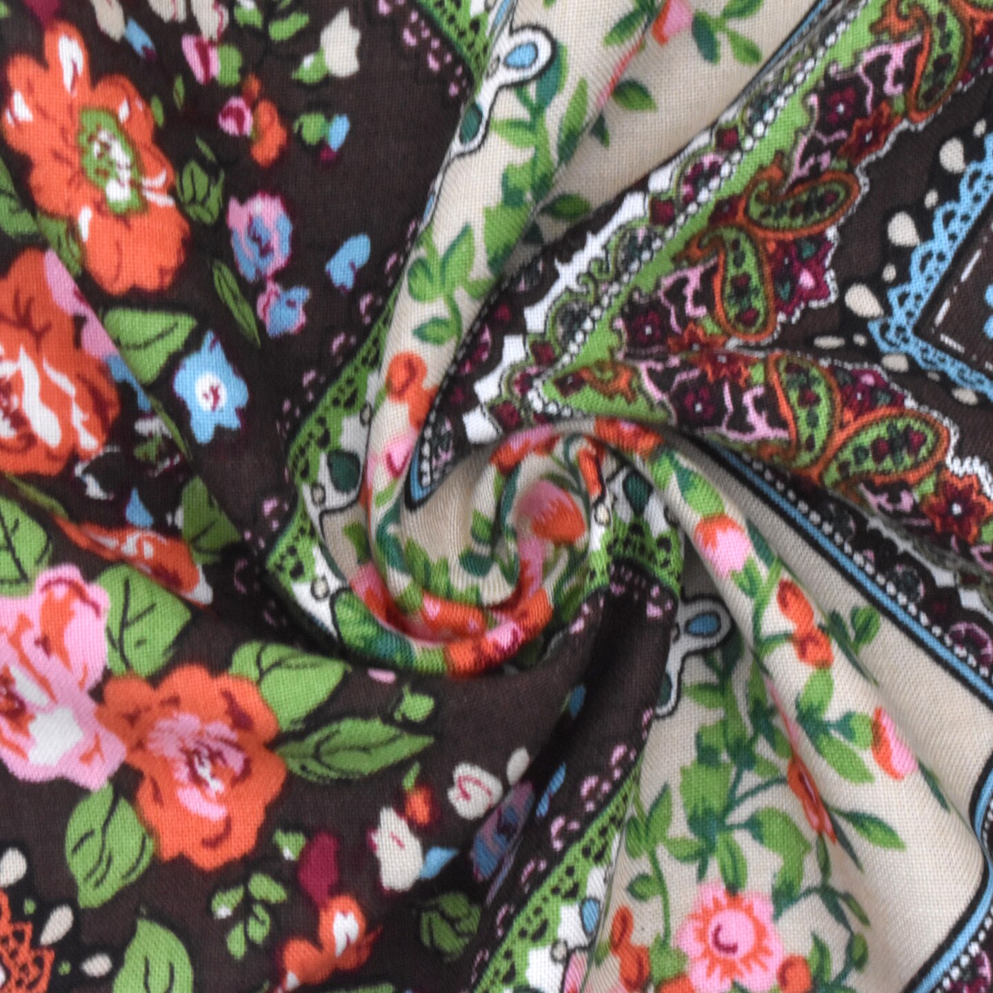 Brown-Green-Multi Chevron Floral Printed Woven Fabric By the Yard