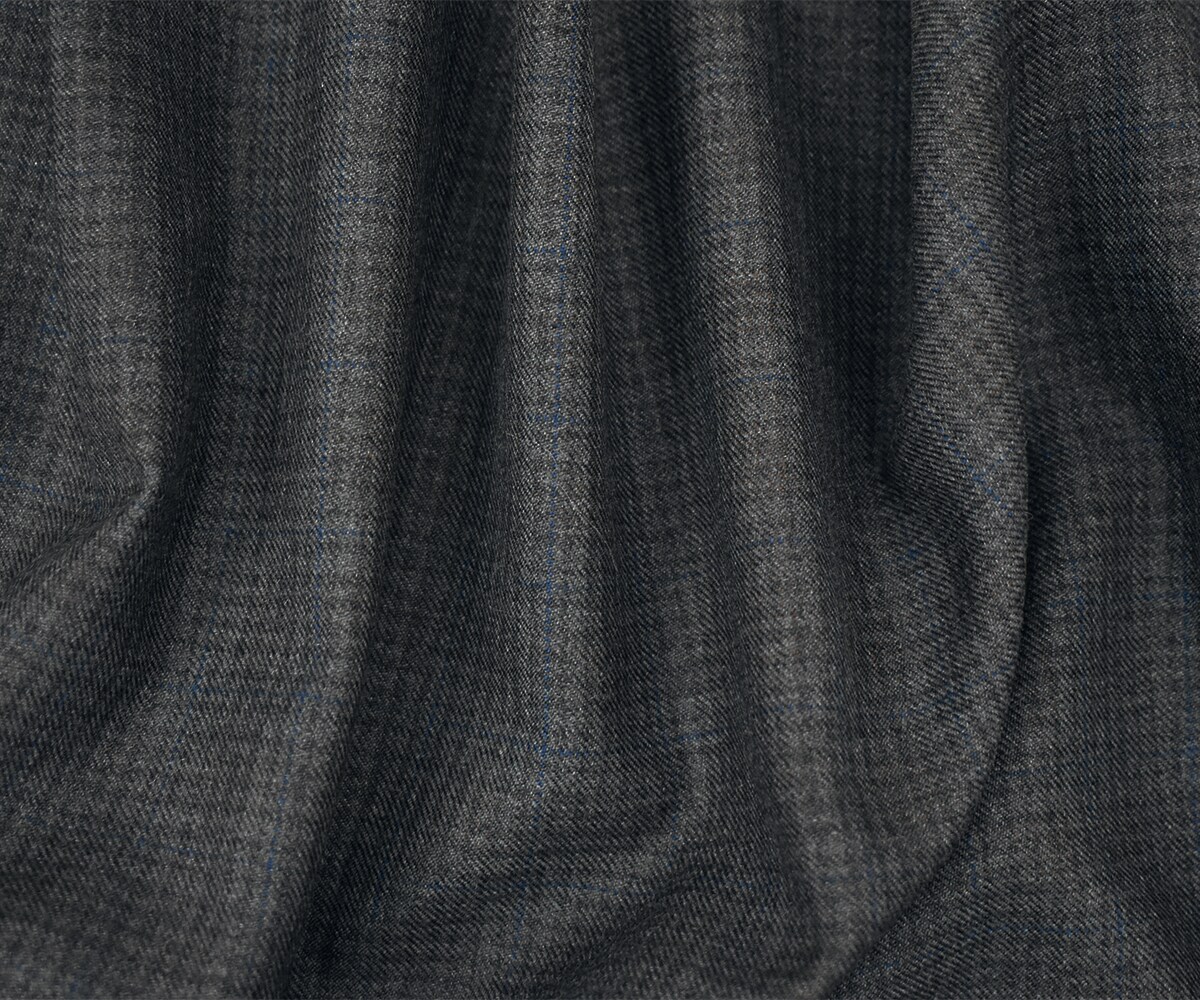 Gray-Black-Blue Wool Polyester Check Twill Plaid Suiting Woven Fabric By the Yard