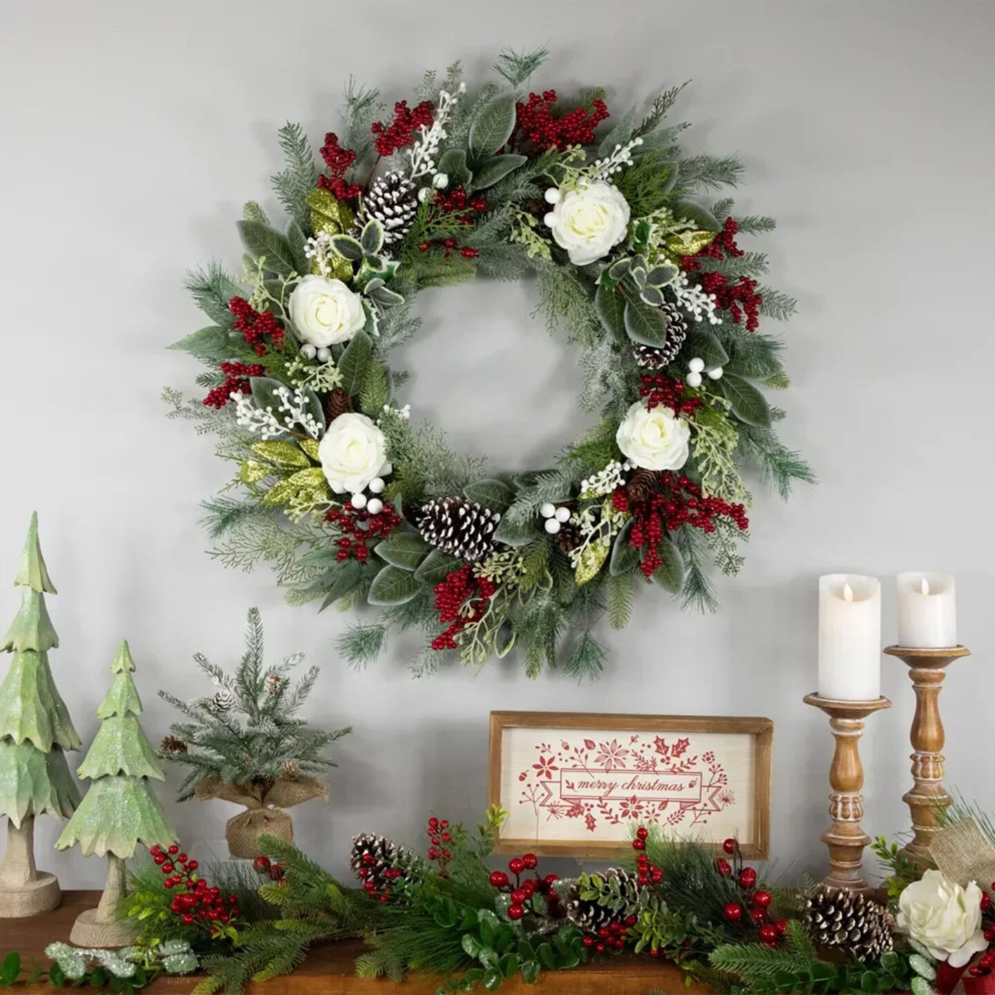 30&#x201D; Mixed Foliage &#x26; Rose Artificial Christmas Wreath