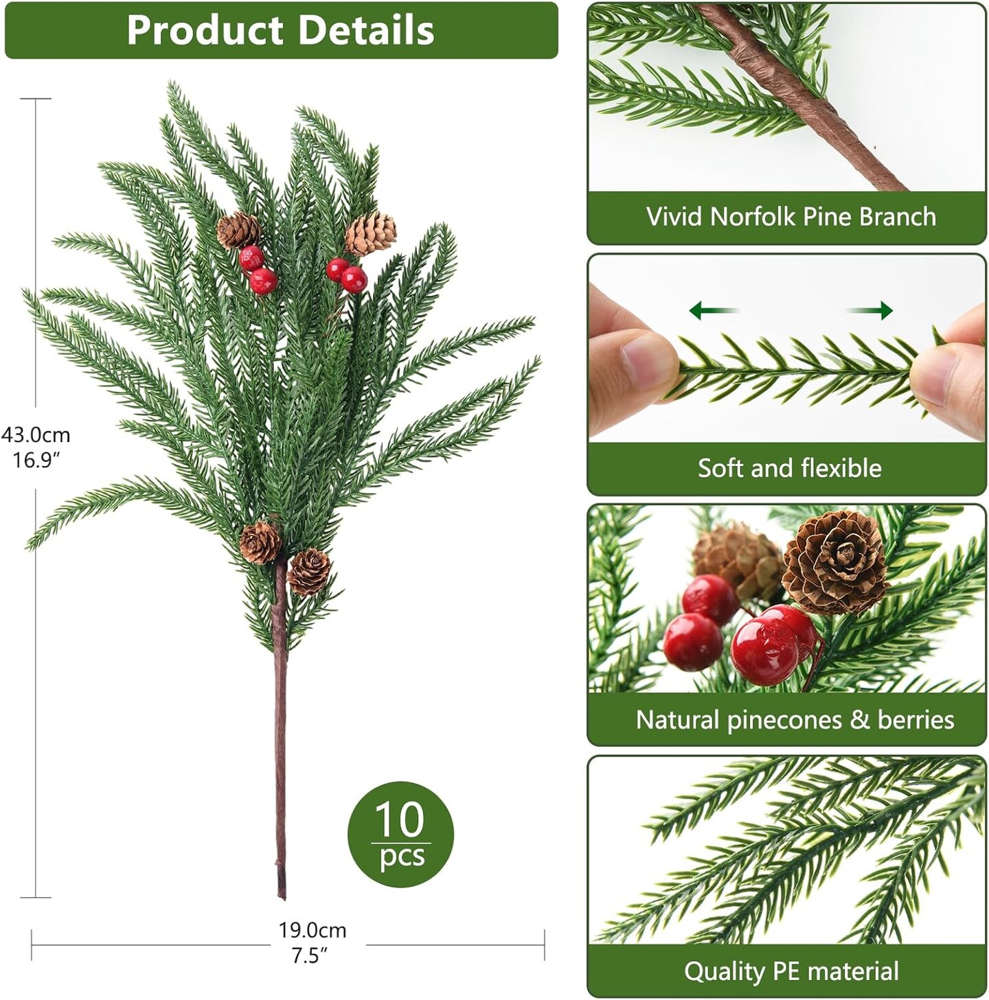 10 Pcs Artificial Christmas Norfolk Pine Stems (Pine Needles) 16.5"D x 2"W x 8"H