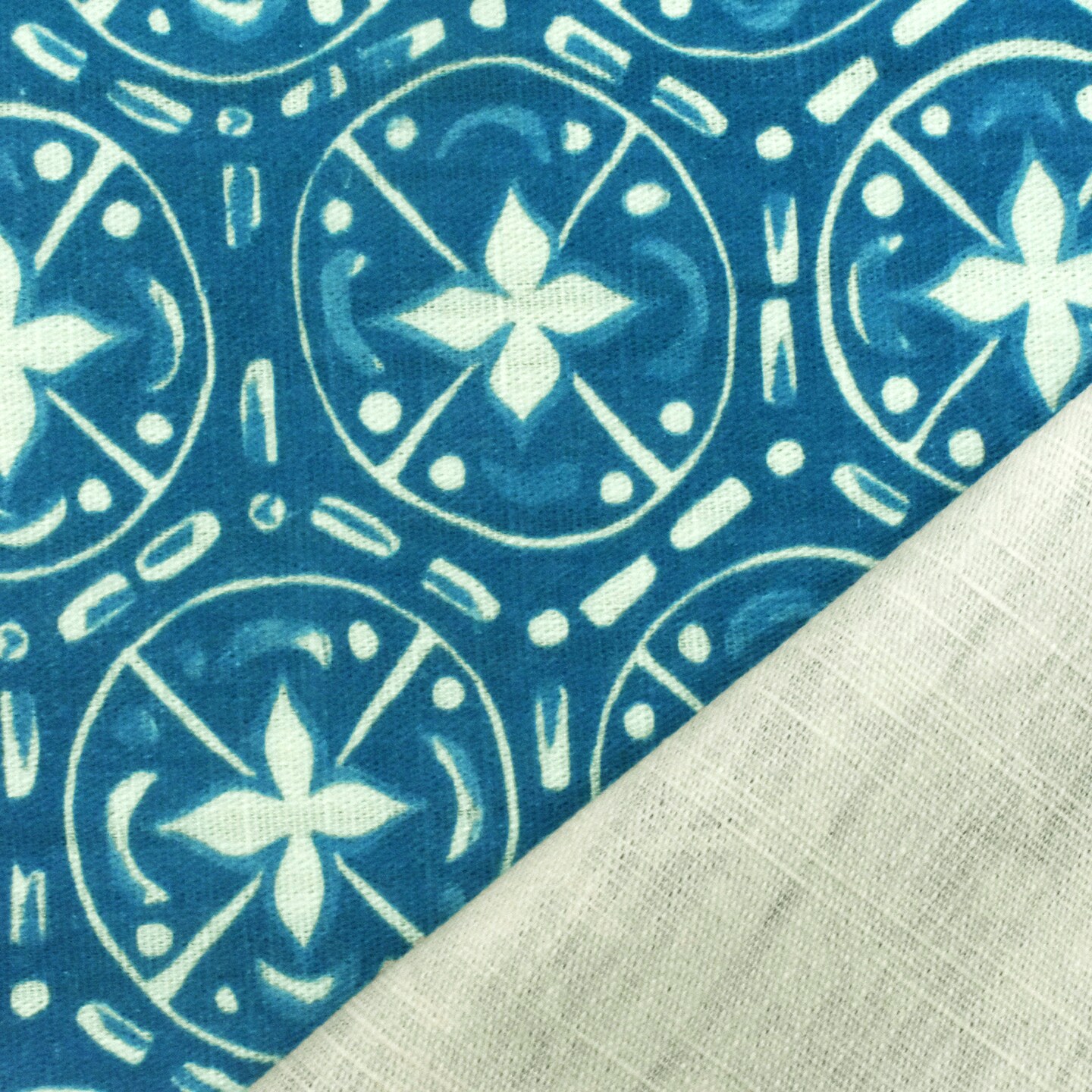 Vacay Blue-Ivory Abstract Tile Printed Slub Home Decorating Fabric By the Yard