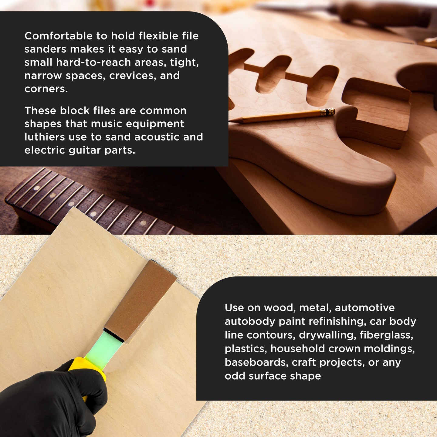 Dura-Gold Set of 3 Different Contour Hand Sanding File Block Sticks with 40 Sheet Hook &#x26; Loop Sandpaper Kit - Flat Convex Radius Profile Shapes