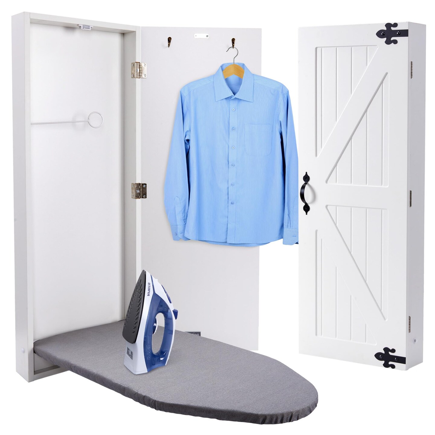 Ivation Foldable Ironing Board Cabinet Wall-Mount with Farmhouse Door
