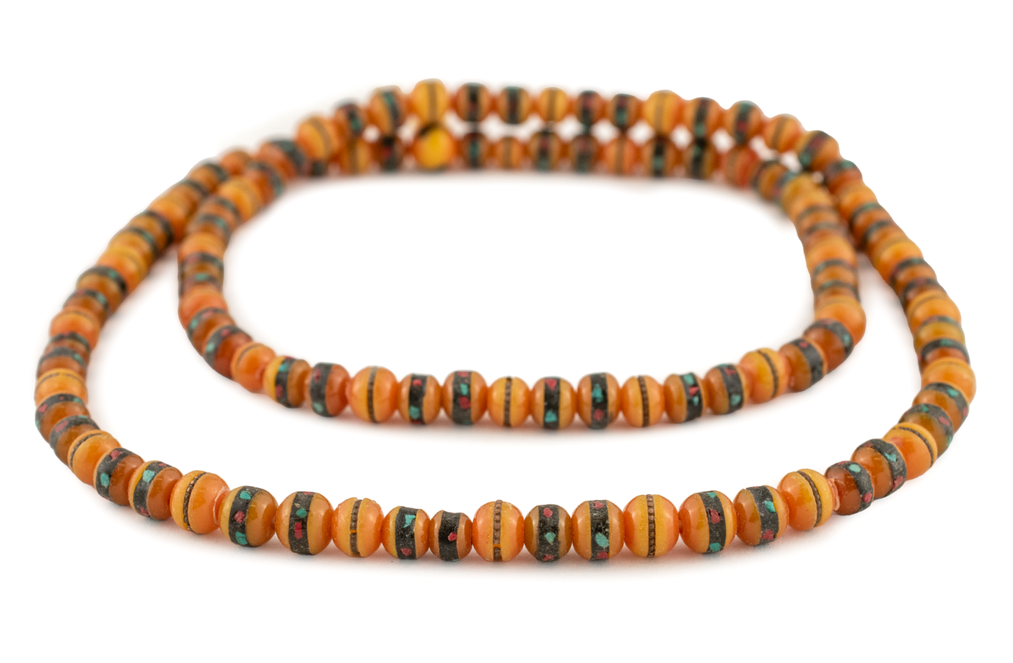 The Bead Chest Vintage Inlaid Resin Prayer Beads 10mm Nepal Orange Round Large Hole 36 Inch Strand