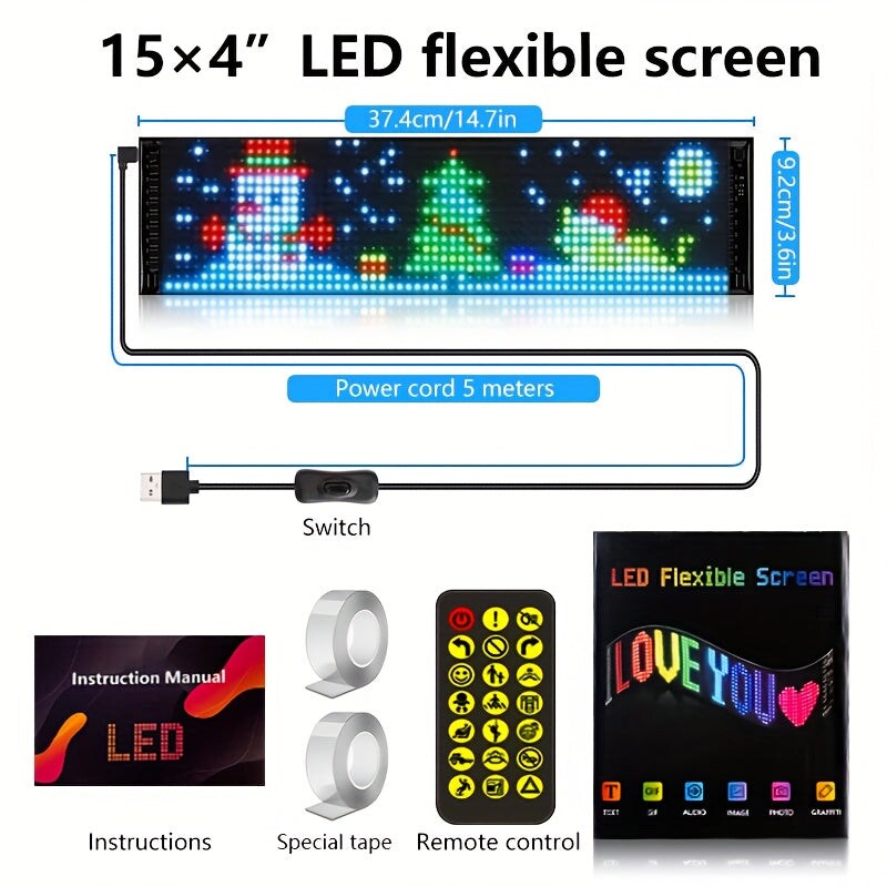 15" x 4" Programmable LED Sign App Control Scrolling Text Graffiti USB Power Supply Night Light