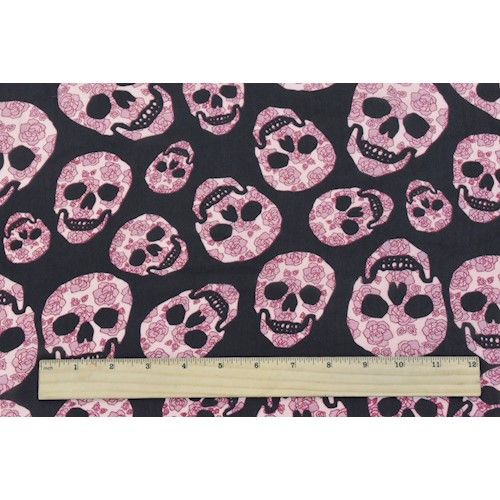 Black/Red/Multi Floral Skull Printed Chiffon Woven Fabric By the Yard
