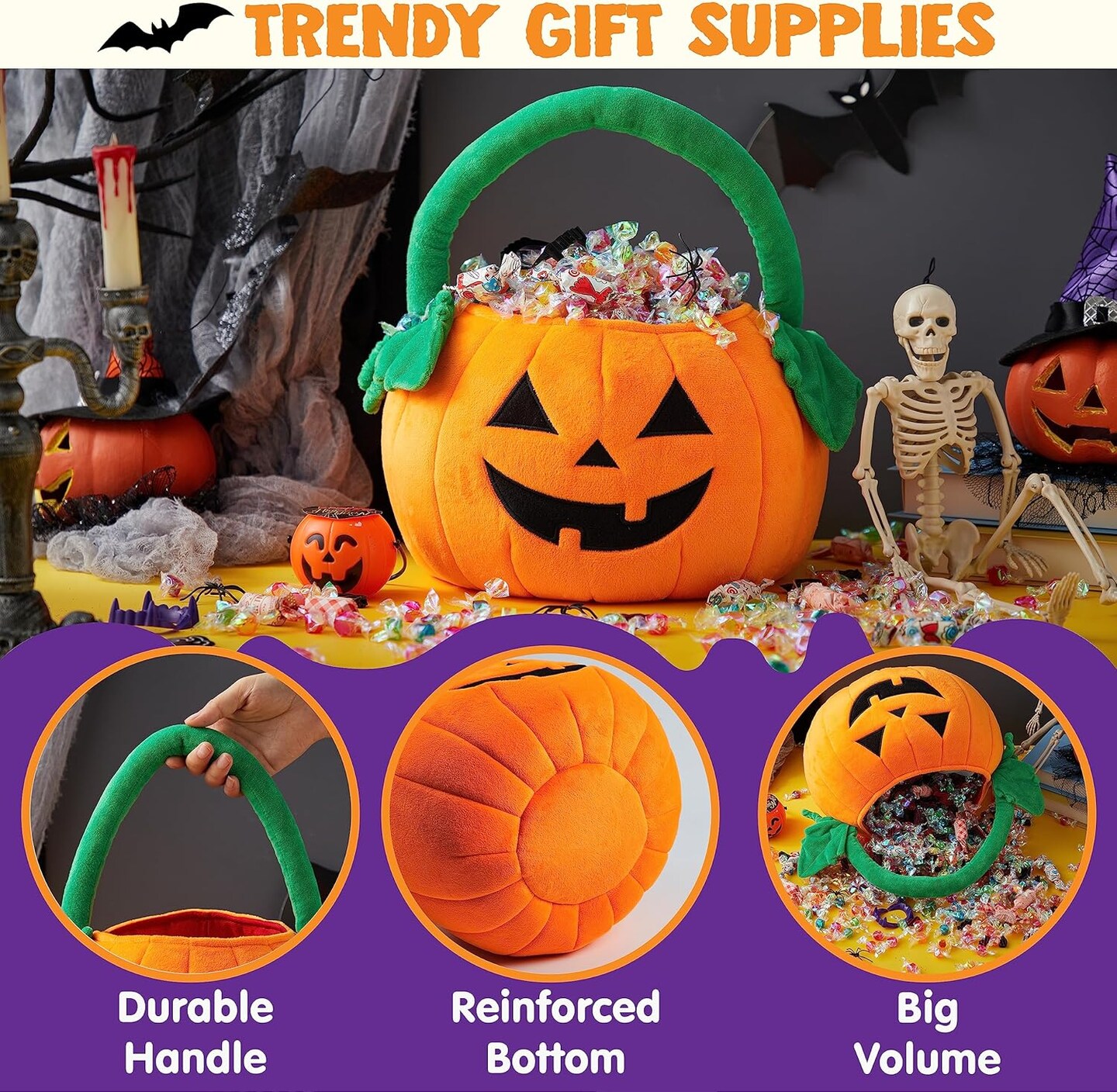 Halloween Pumpkin Plush Tote Bucket (Orange) - 9.41 x 9.25 x 1.14 inches