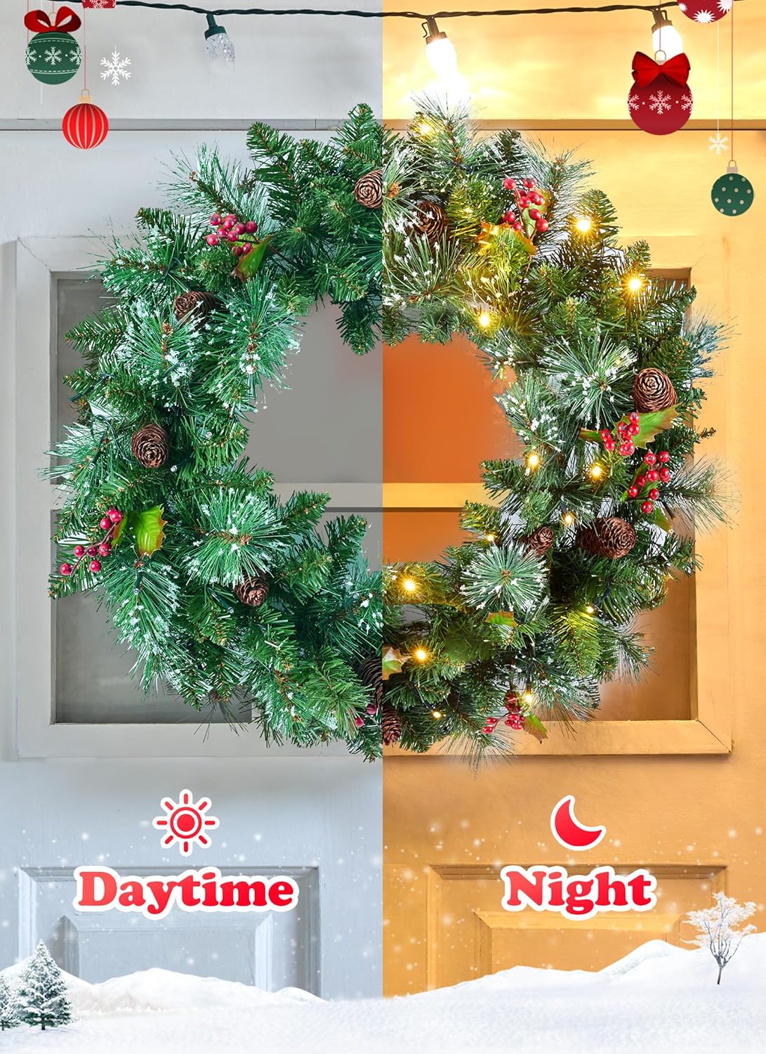 50 LED Christmas Wreaths with Pinecones (Green) 6&#x22;D x 24&#x22;W x 24&#x22;H