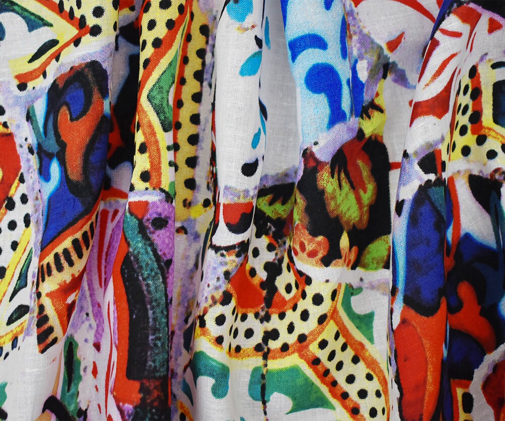 Blue-Orange-Multi Abstract Collage Pattern Printed Linen Woven Fabric By the Yard