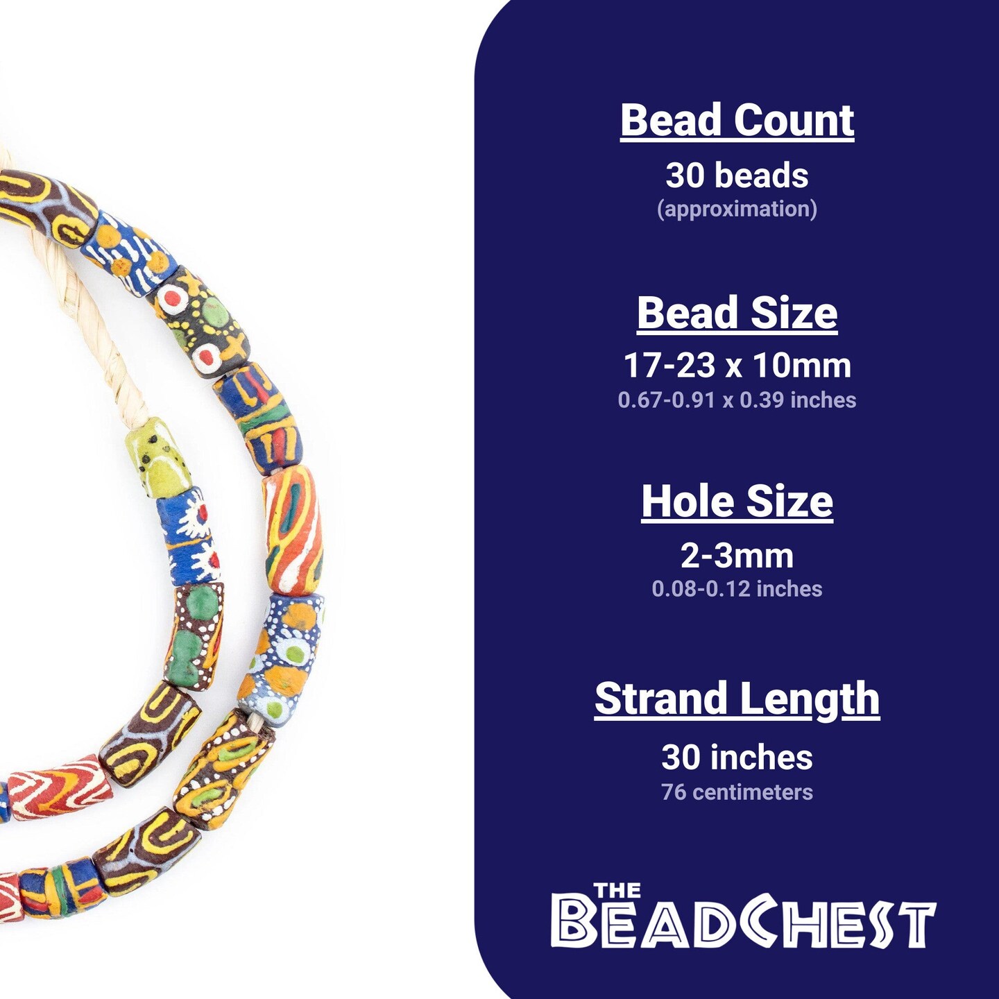 The Bead Chest Painted African Krobo Beads - Full Strand of Ghanaian Tribal Glass Beads for Necklace or Jewelry Making (Rainbow Mix)